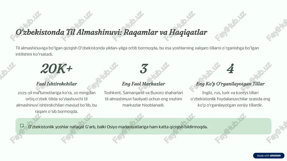 yicha filtrlar yordamida mos keluvchi sherik toping. suhbatni boshlash matn, ovozli yoki video chat orqali muntazam uchrashuvlar jadvalini tuzing. har bir tilga teng vaqt ajratishni unutmang (masalan, 30 daqiqa o‘zbek tilida, 30 daqiqa ingliz tilida). doimiy mashq va madaniyat almashinuvi har bir uchrashuvda yangi mavzularni muhokama qiling. til ko‘nikmalari bilan birga madaniyat, urf-odatlar va fikrlash tarzini ham o‘rganing. 7 til almashinuvi foydalari va ijtimoiy ta’siri til almashinuvi — bu nafaqat tilni o‘rganish, balki dunyoqarashingizni kengaytirish va global fuqarolikka qadam qo‘yishdir. samaradorlik va qiziqish o‘rganish jarayonini an’anaviy darslarga qaraganda qiziqarli va samarali qiladi, chunki bu yerda real, jonli suhbatlar mavjud. madaniyatlararo ko‘priklar turli millat vakillari bilan bevosita muloqot qilish orqali madaniyatlararo do‘stlik va hamkorlikni rivojlantiradi. global ko‘nikmalar yoshlar orasida global fikrlash, ochiqlik va turli vaziyatlarda samarali kommunikatsiya ko‘nikmalarini sezilarli darajada oshiradi. 8 global aloqalar onlayn zamonaviy texnologiyalar tufayli til almashinuvi endi geografik chegaralarga bog‘liq emas. dunyoning istalgan burchagidagi sheriklar bilan video-chat …