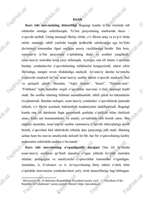 yillarda elektron ta’lim, akt vositalari va raqamli didaktika asosida noan’anaviy metodlar yanada takomillashmoqda. shuningdek, xalqaro tajribada ham (finlyandiya, yaponiya, janubiy koreya, turkiya) ona tili fanini o‘qitishda interfaol yondashuvlar asosiy yo‘nalishga aylangan. shu bois, ushbu mavzuni o‘rganish – nafaqat nazariy, balki amaliy ahamiyatga ega bo‘lib, ta’lim samaradorligini oshirishga xizmat qiladi. kurs ishi mavzusining nazariy va amaliy ahamiyati mazkur kurs ishining nazariy ahamiyati shundan iboratki, u ona tili darslarini o‘qitishda noan’anaviy usullardan foydalanishning ilmiy-metodik asoslarini chuqur o‘rganadi. noan’anaviy usullar o‘quv jarayonini faollashtiruvchi, o‘quvchi shaxsini markazga qo‘yuvchi, zamonaviy pedagogik konsepsiyalarga tayanadi. tadqiqot davomida o‘qitishning interfaol, innovatsion va kreativ texnologiyalari tahlil qilinib, ularning nazariy mohiyati ochib beriladi. bu esa, ta’lim metodikasi fanining rivojlanishiga hissa qo‘shadi. mavzu doirasida ishlab chiqilgan tahliliy yondashuvlar, noan’anaviy usullarning tasnifi, ularni tanlash mezonlari va qo‘llash tamoyillari metodika faniga ilmiy asos sifatida xizmat qiladi. kurs ishining amaliy ahamiyati esa o‘qituvchilar uchun bevosita metodik qo‘llanma vazifasini o‘tashida namoyon bo‘ladi. ish natijalari maktab …