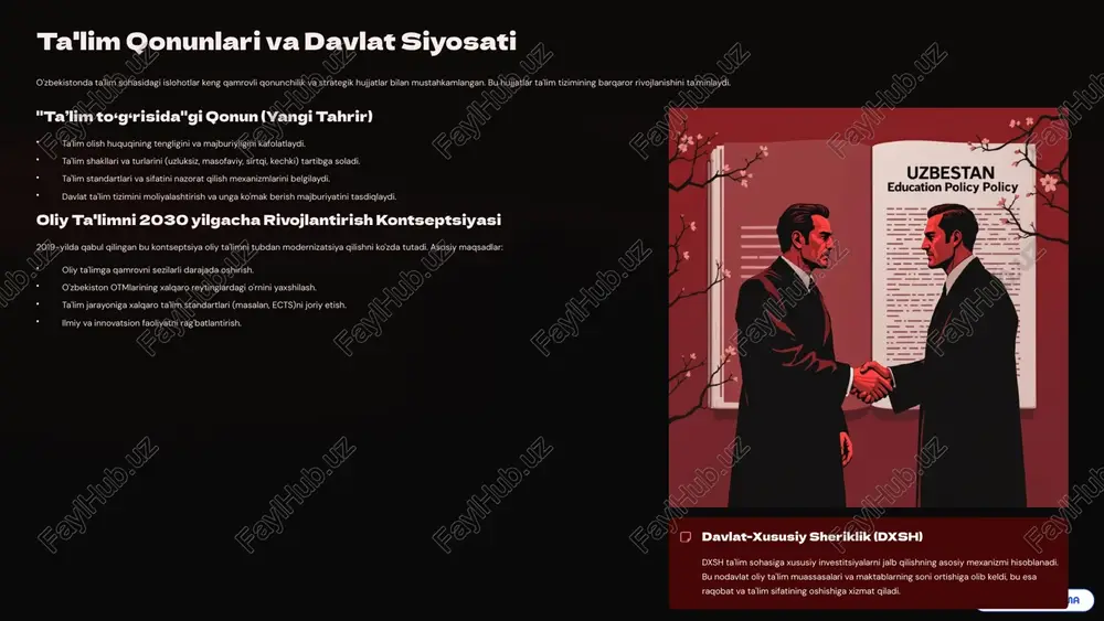 shaxsdir. mustaqil fikrlash ko'nikmasi o'qituvchi yoshlarni berilgan bilimlarni so'zsiz qabul qilishga emas, balki tahlil qilishga, tanqidiy fikrlashga va o'z nuqtai nazariga ega bo'lishga o'rgatadi. ijodkorlik va innovatsiya zamonaviy o'qituvchi o'quvchilarda ijodiy qobiliyatlarni, muammolarga nostandart yechim topish va innovatsiyalarni qo'llab-quvvatlash istagini uyg'otadi. ijtimoiy mas'uliyat o'qituvchi yoshlarni jamiyatning faol va mas'uliyatli a'zosi bo'lishga, o'z vataniga va kelajagiga befarq bo'lmaslikka tayyorlaydi. bu vazifalarni amalga oshirish uchun o'qituvchilarning uzluksiz kasbiy rivojlanishi, zamonaviy pedagogik metodika (masalan, interfaol usullar, loyihaga asoslangan ta'lim) va axborot texnologiyalarini o'zlashtirishi ustuvor ahamiyat kasb etadi. 4 barkamol shaxs tushunchasi va ta'limdagi maqsadi barkamol shaxs tushunchasi o'zbekiston ta'lim siyosatining markazida turadi. bu nafaqat bilimdon, balki har tomonlama uyg'un rivojlangan insonni anglatadi. aqliy rivojlanish mantiqiy fikrlash, bilimga chanqoqlik, intellektual salohiyatni doimiy oshirib borish. jismoniy tarbiya sog'lom turmush tarzi, jismoniy chidamlilik va salomatlikka e'tibor. ma'naviy yetuklik yuksak ma'naviy qadriyatlar, insonparvarlik, halollik, adolat tuyg'usi. axloqiy mezonlar ijtimoiy me'yorlarga rioya qilish, boshqalarga hurmat, vijdonli bo'lish. milliy …