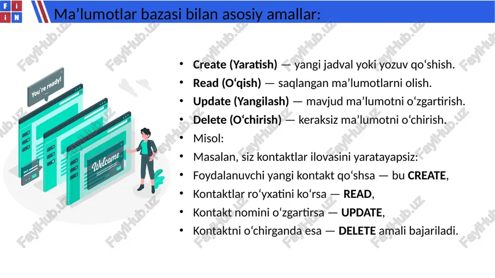 . 13 misol: 14 sqlite qanday ishlaydi? sqlite qanday ishlaydi? sqlite ma’lumotlarni saqlash, o‘qish, yangilash va o‘chirish (crud) amallarini sql (structured query language) yordamida bajaradi. uning ishlash mexanizmi quyidagicha: ilova (masalan, android dasturi) sqlite bilan bog‘lanadi. dbhelper sinfi yordamida ma’lumotlar bazasi fayli yaratiladi. sql so‘rovlar yordamida jadval tuziladi, ma’lumot qo‘shiladi, o‘qiladi va tahrirlanadi. barcha ma’lumotlar qurilmaning ichki xotirasida saqlanadi. 15 sqlite bilan ishlash bosqichlari (android misolida): 16 sqlite bilan ishlash bosqichlari (android misolida): 17 sqlite ning afzalliklari: sqlite ning afzalliklari: ✅ juda kichik hajmda — mobil ilovalarga juda mos. ✅ offline rejimda ishlaydi. ✅ sql so‘rov tili asosida ishlaydi — o‘rganish oson. ✅ server kerak emas — ilova ichida mustaqil ishlaydi. ✅ tez va barqaror — millionlab yozuvlar bilan ham ishlay oladi. 18 sqlite’ning qo‘llanilish sohalari: kamchiliklari: ❌ ko‘p foydalanuvchi uchun mo‘ljallanmagan. ❌ katta hajmdagi ma’lumotlar uchun mos emas. ❌ sinxronlash (online) imkoniyati yo‘q — har bir qurilmada alohida fayl. …