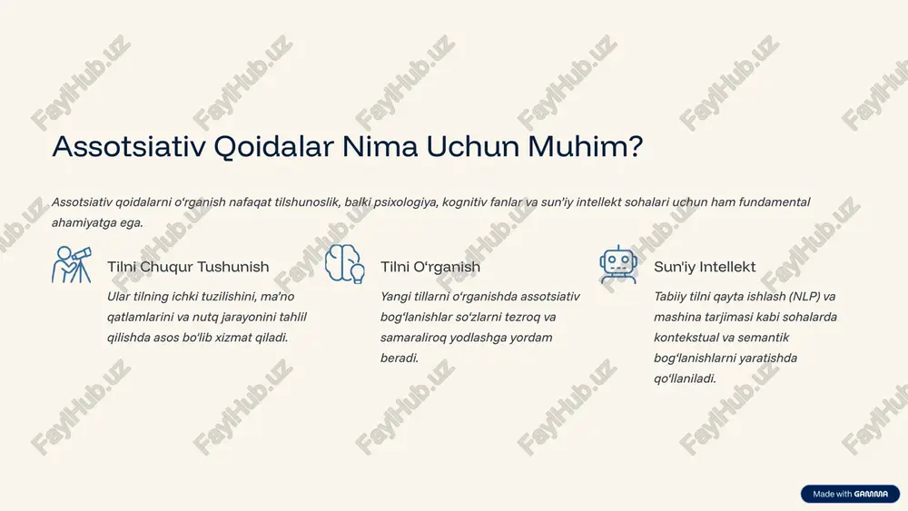 so‘zi "tajriba" assotsiatsiyasi bilan kelsa, tarjimasi "inexperienced" (yoki 'green') bo‘lishi mumkin. global madaniyat ta'siri zamonaviy til o‘zgarishlari va global madaniyat ta’siri assotsiativ qoidalarni muntazam yangilashni talab qiladi, chunki yangi tushunchalar tilga kirib kelmoqda. 7 assotsiativ qoidalar va tilni o‘rganishdagi rol til o‘qitish metodikasida assotsiativ yondashuv samaradorlikni sezilarli oshiradi, chunki u so‘zlarni izolyatsiyada emas, balki tabiiy bog‘lanishlar tizimida tushunishni ta'minlaydi. kontekstni tushunish o‘quvchilar assotsiativ qoidalar orqali so‘zlarni turli kontekstlarda qanday ishlatilishini tezroq o‘zlashtiradilar, bu ularning nutqini yanada tabiiy qiladi. tarjimalar aniqligi professional tarjimonlar uchun bu qoidalar ma’noni bir tildan ikkinchisiga o‘tkazishda semantik nuanslarni aniq yetkazish vositasi bo‘lib xizmat qiladi. 8 kelajakda qo‘llash sohalari assotsiativ qoidalarni izlash va ularni modellashtirish kelajak texnologiyalari va ilmiy tadqiqotlar uchun poydevordir. 1 ai va mashina tarjimasi bog‘lanishlarni chuqur o‘rganish orqali ai modellarining matnni tushunish qobiliyati oshadi, bu esa yanada sifatli va kontekstga mos tarjimalarni ta’minlaydi. 2 psixolingvistika tafakkur jarayonlari va tilni qayta ishlash mexanizmlari bo‘yicha yangi …