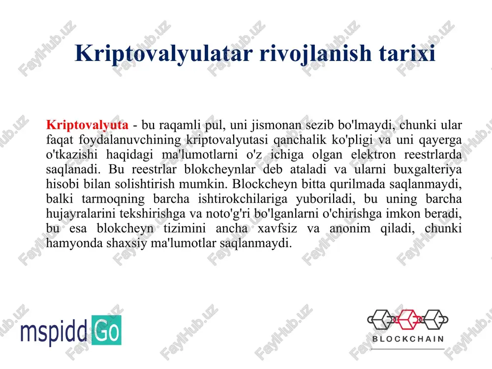 a‘lumotlarini xatar ostiga qo’yadi, ular to’lov vaqtida birovning qo’liga tushishi yoki sotuvchidan o’g’irlanishi, natijada esa egasiga qarshi qo’llanilishi mumkin. kriptovalyuta tranzaksiyalarida sotuvchiga hech qanday shaxsiy ma‘lumotlar berilmaydi, shu bois ma‘lumotlar yovuz niyatli kishi qo’liga tushmasligiga ishonch hosil qilish mumkin. 7. inflyasiyaga uchramasligi. kriptovalyutalarda inflyasiyani oldini olishning murakkab mexanizmi amalga oshirilgan. xususan, bitkoin tarmog’ida inflyasiya bir necha xususiyat bilan bartaraf etiladi: 21 mln tangalik cheklangan emissiya, uni o’zgartirib bo’lmaydi; yangi tangalar qat‘iyan 14 minutda bir marta chiqariladi; har 4 yilda tangalar emissiyasi ikki marta qisqartiriladi. o’xshash usullar har bir kriptovalyuta tarmog’ida bo’ladi, bu ma‘lum bir davrda tangalarning qanday miqdori mavjud bo’lishini oldindan aytishga imkon beradi. undan tashqari, emissiyani ko’paytirish to’g’risida o’zicha qaror qabul qiladigan nazorat qiluvchi organ bo’lmaydi. kriptovalyutalar afzalliklari shuni ko’rsatadiki, bu ulkan rivojlanish salohiyatiga ega bo’lgan progressiv texnologiyadir. 10 ammo barcha afzalliklarga qaramasdan, har qanday texnologiya singari, kriptovalyutalar ham bir qator kamchiliklarga ega: 1. o’zgaradigan narxning yuqori diapazoni. bu …