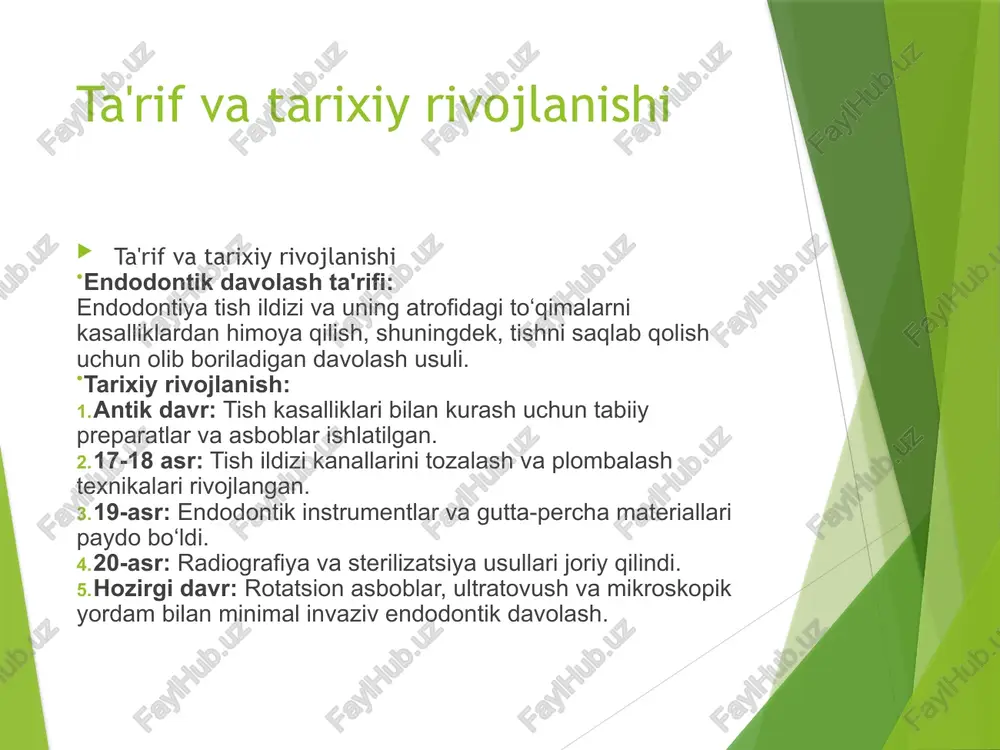 tezlikka mos, avtomobillarda keng qo‘llanadi. dizel dvigatellari – dizel yonilg‘isi yonadi, samaradorligi yuqori, og‘ir texnikada ishlatiladi. ishlash printsipi: yoqilg‘i havo bilan aralashadi. aralashma siqiladi va yoqiladi (zanglamas igna yoki spirti yordamida). yonish natijasida gaz kengayadi va pistonni harakatga keltiradi. piston harakati krank milini aylantiradi va mexanik ish hosil bo‘ladi. afzalliklari: tezkor ishga tushadi. kichik hajmda ko‘p quvvat beradi. kamchiliklari: yonilg‘i sarfi yuqori. atrof-muhitga zararli gazlar chiqaradi. mexanik tayyorlash mexanik tayyorlash endodontik davolash – tish ildizi kanallarini tozalash, yuqumli to‘qimalarni olib tashlash va tishni saqlashga qaratilgan stomatologik protsedura. bu davolashning asosiy ahamiyati quyidagilardan iborat: tishni saqlash – tishni chiqarib tashlash o‘rniga tabiiy tishni saqlash imkonini beradi. og‘riqni kamaytirish – ildiz kanallaridagi infeksiya va yallig‘lanishni yo‘q qiladi, og‘riqni kamaytiradi. infeksiyaning tarqalishini oldini olish – tish ildizidagi bakteriyalarni yo‘q qilish orqali yonoq, jag‘ yoki butun organizmga infektsiya tarqalishini kamaytiradi. tish funksiyasini saqlash – tishning ovqatni chaynalishidagi va gapirishdagi funksiyasini saqlaydi. shu bilan, endodontik …