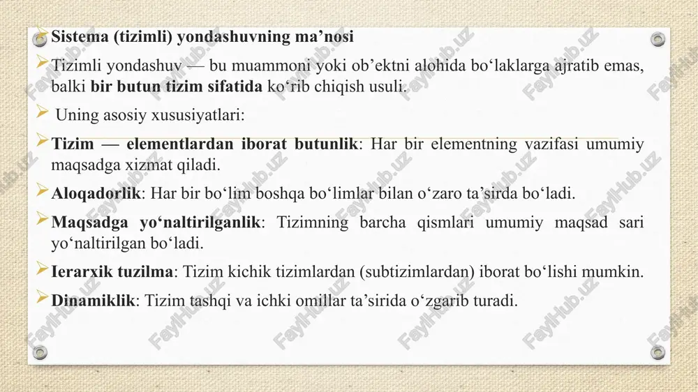 lmani o‘rganishda qo‘llaniladi. masalan, ishlab chiqarish bo‘limi, marketing bo‘limi va moliya bo‘limi alohida o‘rganiladi. integratsion yondashuv integratsion yondashuv — bu boshqaruvda turli elementlar, bo‘limlar va jarayonlarni yagona tizim sifatida uyg‘unlashtirishga asoslangan metoddir. u qismlarni faqat alohida emas, balki o‘zaro bog‘liqlik va hamkorlikda ko‘rib chiqishni ta’minlaydi. 🔹 mazmuni: turli bo‘lim va jarayonlarni yagona tizimda birlashtiradi. tashkilotdagi resurslar, maqsadlar va vazifalarni uyg‘unlashtiradi. qismlar o‘rtasidagi hamkorlikni kuchaytiradi. 🔹 afzalliklari: tizimni yaxlit va to‘liq holda ko‘rish imkonini beradi. resurslardan samarali foydalanishni ta’minlaydi. bo‘limlar o‘rtasidagi ziddiyatlarni kamaytiradi. jamoaviy natijaga erishishni osonlashtiradi. 🔹 kamchiliklari: murakkab boshqaruvni talab qiladi. har bir elementning mustaqil tahlili qiyinlashadi. uyg‘unlashtirish uchun ko‘p vaqt va resurs kerak bo‘ladi. 🔹 qo‘llanilishi:yirik korxonalarda bo‘limlararo hamkorlikni yo‘lga qo‘yishda. davlat boshqaruvi tizimida turli tashkilot va idoralar faoliyatini uyg‘unlashtirishda. innovatsion loyihalarda turli mutaxassisliklarni birlashtirishda. asosiy jihatlar mazmuni ta’rif murakkab tizim yoki jarayonni soddalashtirilgan ko‘rinishda aks ettirish va o‘rganish usuli. maqsadi tizimni yaxshiroq tushunish, tahlil qilish va samarali …