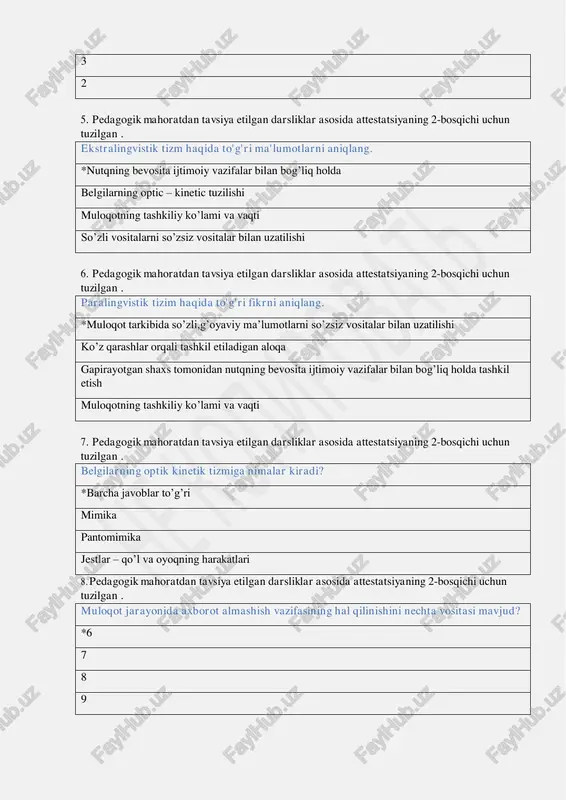 oligofrenopedagogika,logopediya tiflopedagogika,pedagogika,anatomiya,maxsus pedagogika oligofrenopedagogika,pedagogika tarixi,nevropatalogiya anatomiya,psixopatologiya,pedagogika tarixi,surdopedagogika 15. pedagogik mahoratdan tavsiya etilgan darsliklar asosida attestatsiyaning 2-bosqichi uchun tuzilgan . pedagogik qobiliyatning sifatlari keltirilmagan qatorni toping ? *pedagogik faoliyat o’quvchilarning yosh xususiyatlariga va qiziqishlariga to’g’ri kelmasligi o’z kasbiga muhabbat,o’quvchilarni seva olish,mutaxassisligi bo’yicha puxta bilimga ega bo’lishi pedagogik takt va pedagogik nazokatga ega bo’lish,pedagogik texnikani qo’llay olishi o’quvchilar jamoasiga singib keta olishi,o’z mehnatiga ijobiy yondashish 16. pedagogik mahoratdan tavsiya etilgan darsliklar asosida attestatsiyaning 2-bosqichi uchun tuzilgan . pedagogik mahorat tizimiga qaysilar kiradi? *kasbga oid bilimlar , insonparvarlik,pedagogic qobiliyat,pedagogic texnika tadbirni tanlash,uni tayyorlash va o’tkazish,tahlil qilish nafas olish,ovoz o’zgarishi,ravon nutq madaniyati his hayajonni anglatuvchi so’zlar ishlatish,o’zgalarni tushunish,yalg’on xushomad qilish 17. pedagogik mahoratdan tavsiya etilgan darsliklar asosida attestatsiyaning 2-bosqichi uchun tuzilgan . didaktik jarayon kechadigan barcha sharoitlarni oydinlashtirish, uning natijalarini belgilash bu-.... *tashxis profilaktika nazorat korreksiya 18. pedagogik mahoratdan tavsiya etilgan darsliklar asosida attestatsiyaning 2-bosqichi uchun tuzilgan . ta’lim jarayonida qo‘llaniladigan ko‘zgazmali qurollar va …