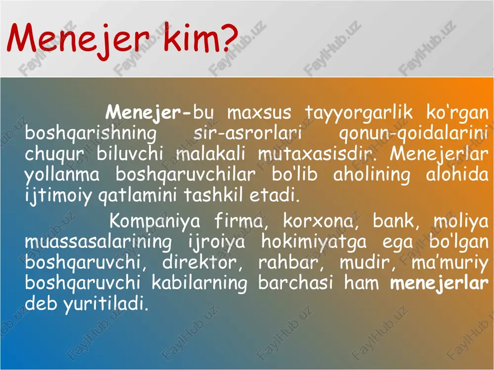 iga quloq soladi; ular bilan maslahatlashadi, ijobiy tamonlarini inobatga oladi; barcha bilan barobar va samimiy munosobatda bo‘ladi, ustunligini bildirmaydi; buyruq berish yo‘lidan emas, balki ishontirish uslubida ish tutadi; buyruq rahbarlik uslubi bo‘ysinuvchilarning shaxsiy tashabbusini, ijodiy faoliyatini rivojlantiradi va jamoada o‘rtoqlik va ishchan muhitni yaratadi. temperamentlar. rahbarlarning fazilatlarida temperamentlarning o’rni qadimgi tibbiyotning yirik namoyondasi gippokrat inson badanida qon asosli o‘rinni ishg‘ol etsa, bunday odam harakatchan, yengil bo‘ladi, taasurotlarning almashinishiga tez ko‘nikib keta qoladi, o‘z atrofida sodir bo‘layotgan voqealarga darhol va ishtiyoq bilan aralashadi degan fikrlarni aytib o’tgan. mana shu xil kishilarni gippokrat sangviniklar (xushchaqchaq kishilar) deb atagan. bu lotincha “sangvinis” ya’ni “qon” degan so‘zdan kelib chiqqan. singviniklar tuyg‘u (jo‘shqin) xususiyatlari bilan ajralib turadi ular: yangi kishilar bilan tez til topishadigan; bir ish turidan ikkinchi ish turiga tezda ko‘niqadigan; bir turda bajariladigan ishlarni yoqtirmaidigan; yangi sharoitga osonlik bilan o‘rganadigan; xushchaqchaq; harakatlari shiddatli; nutqi tez; kelajakka ishonch bilan qaraydigan; so‘zini aniq va ma’noli …