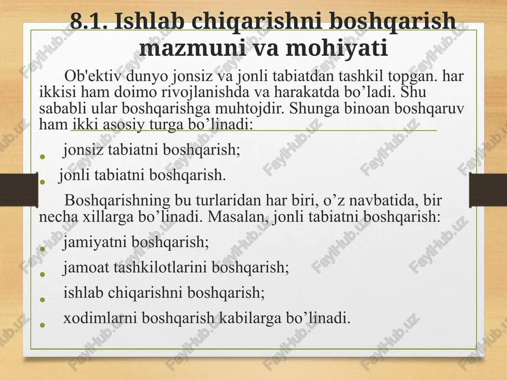 hsulot sifatini boshqarish mahsulot sifatini boshqarish deganda, buyumlarni iste'molchilar talablariga butunlay mos keluvchi sifat tasniflari bilan ishlab chiqarishni ta'minlovchi maqsadga qaratilgan faoliyat tushuniladi. mahsulot sifatini baholash va uni boshqarish zaruriyati: rejalashtirish va istiqbolni belgilashda; yangi mahsulot yaratish variantini tanlashda; normativ (me'yoriy) hujjatlarni ishlab chiqishda; mahsulot sifatini nazorat qilishda; mahsulot sifatini oshirgani uchun xodimlarni rag’batlantirishda; sifat to’g’risida axborot yig’ishni tashkil etishda va hokazo hollarda vujudga keladi. sifatli tovar deganda uning mustahkamligi, chidamliligi, iste'mol xususiyatlari, tashqi ko’rinishi standartlashtirilganlik darajasi, tayyorlanish texnologiyasi va boshqalarni o’zida jam etgan tovar tushuniladi. mahsulot sifati mazkur tovardan, ma'lum ijtimoiy ehtiyojning mazkur iste'mol qiymatidan qoniqqanlik darajasini ifodalaydi. mahsulot sifati xom-ashyo, ishlab chiqarish vositalarining sifatini oshirishdan olinadigan iqtisodiy samarada namoyon bo’ladi. xom-ashyo sifatini oshirishdan olinadigan iqtisodiy samara: materiallar sarfi normalarining kamayishida; unga ishlov berishga qilinadigan mehnat sarfining qisqarishida; pirovard mahsulot chiqishining ko’payishida; mahsulot sifatining yaxshilanishida namoyon bo’ladi. mashinalar sifatini oshirishning samaradorligi: mehnat unumdorligining oshishida; mashinalar chidamliligining uzayishida; zaxiradagi mashinalarga …