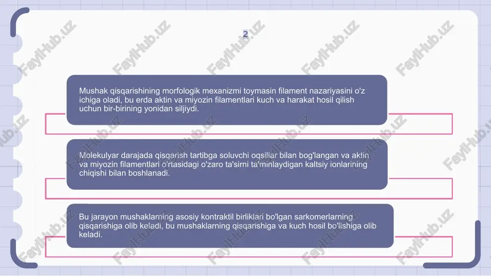 kaltsiy ionlarining sarkoplazmatik retikulum tomonidan chiqarilishini va troponin bilan bog'lanishini talab qiladi, bu esa aktindagi faol joylarning ta'sirini keltirib chiqaradi. 8 mushak qisqarishi mushak tolalaridagi bir nechta oqsillarning o'zaro ta'sirini o'z ichiga olgan murakkab jarayondir. bu asab tizimidan kaltsiy ionlarining chiqarilishini qo'zg'atadigan signal bilan boshlanadi. kaltsiy ionlari mushak hujayralaridagi oqsillarga bog'lanib, natijada mushak tolalarining qisqarishiga olib keladigan bir qator hodisalarga olib keladi. bu qisqarish mushaklarning kuch va harakat hosil qilishiga imkon beradi. mushak qisqarishining morfologik mexanizmi ikkita oqsil filamenti - aktin va miyozinning bir-birining ustiga siljishi va qisqarishni hosil qiladi. bu jarayon atp shaklida energiya talab qiladi. 9 mushak qisqarishi kaltsiy ionlarining chiqishi bilan boshlanadi, bu miyozin boshlarini aktin filamentlari bilan bog'lashni boshlaydi. ushbu o'zaro ta'sir miyozin boshlarini aylantirib, aktin filamentlarini bir-biriga yaqinlashtiradi va mushak tolalarini qisqartiradi. ushbu harakat uchun energiya atp tomonidan ta'minlanadi, bu filamentlar orasidagi siljish harakatini kuchaytirish uchun miyozin boshlari tomonidan gidrolizlanadi. 10 mushak qisqarishi mushak hujayralari …