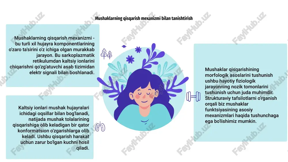 iga olib keladi. mushak qisqarish mexanizmining morfologik asosi nerv-mushak birikmasida va mushak tolasi ichidagi hodisalarni murakkab muvofiqlashtirishni o'z ichiga oladi. bu jarayonni tushunish mushaklar faoliyatining fiziologik asoslarini tushunish uchun juda muhimdir. kaltsiy ionlari va ularning mushaklar qisqarishidagi roli mushak qisqarishi mushak hujayralarida kaltsiy ionlarining mavjudligiga tayanadigan murakkab jarayondir. nerv signali bu ionlarning chiqarilishini qo'zg'atganda, ular troponin kabi oqsillarga bog'lanadi, bu miyozin va aktinning o'zaro ta'sirini ta'minlaydi. kaltsiy ionlarining troponin bilan bog'lanishi oqsilning konformatsion o'zgarishiga olib keladi va aktindagi bog'lanish joylarini ochadi. bu miyozin boshlariga aktin filamentlarini biriktirish va tortib olish imkonini beradi, bu esa mushaklarning qisqarishiga olib keladi. umuman olganda, kaltsiy ionlarining mavjudligi mushaklarning qisqarishini boshlash va tartibga solish uchun juda muhimdir. ularsiz aktin va miyozin filamentlarining siljishi sodir bo'lmaydi, bu mushaklarning harakatlanishiga to'sqinlik qiladi. mars is a cold place mushaklar qisqarishi paytida energiya almashinuvi mushaklarning qisqarishi mushak tolalari ichidagi turli morfologik tuzilmalarning murakkab o'zaro ta'sirini o'z ichiga olgan murakkab …