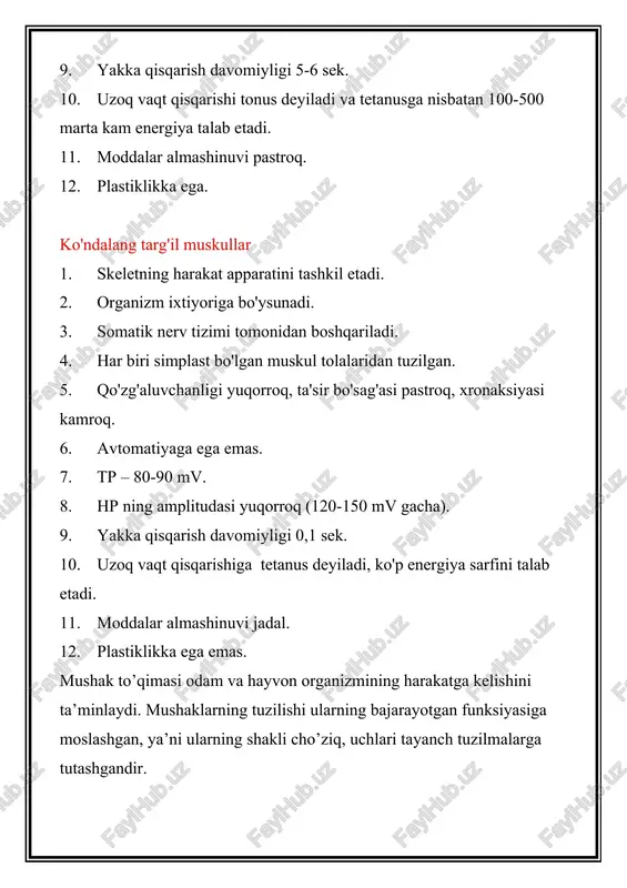di. embrionning bo'yin qismida 8 juft, ko'krak qismida 12 juft, bel sohasida 5 juft, dumg'aza sohasida 5 juft va dum sohasida juft miotomlar joylashgan. embrion taraqqiyotida dum miotomlari reduksiyaga uchraydi. qolgan har bir miotom ventral va dorzal bo'limlarga ajraladi. tanadagi miotomlardan tashqari, embrionning kalla sohasida uchta ensa hamda quloq oldi miotomi va beshta visseral ravoq miotomlari bo'ladi. umurtqa pog'onasi atrojidagi miotomlardan bo'yin, ko'krak, orqa, qorin, qo'l va oyoq mushaklari taraqqiy qiladi. uchta ensa miotomidan til va til osti sohasidagi mushaklar rivojlanadi birinchi quloq oldi miotomidan ko'z soqqasini harakatga kelliruvchi ko'pchilik mushak­lar rivojlanadi. ikkinchi quloq oldi miotomidan ko'z soqqasining yuqorigi qiyshiq mushagi -m. trochlearis rivojlanadi. uchinchi quloq oldi miotomidan ko'z soqqasining lateral to'g'ri mushagi - m. rectus oculi lateralis rivojlanadi. birinchi visseral ravoq mandibular ravoq deyilib, quyidagi mushaklar rivojlanadi: chaynov mushaklari va m. mylohyoideus, ikki qorinchali mushak - m. digastricus ning oldingi qorinchasi, nog'ora bo'shlig'idagi nog'ora pardani taranglovchi mushak - m. …