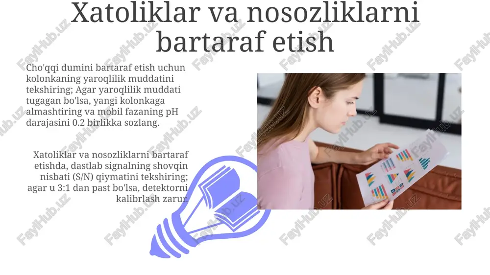 etriyasidan olingan spektrlar, odatda, noma'lum moddani aniqlash uchun 200 nm dan 400 nm gacha bo'lgan to'lqin uzunliklaridagi yutilish xususiyatlariga qarab ishlatiladi. xromatogramma nima? xromatogramma - bu detektordan olingan signalni grafik shaklda ifodalash, odatda y-o'q bo'ylab signal intensivligi va x-o'q bo'ylab vaqt yoki hajm 2 o'lchamli shaklda aks etadi. xromatogramma tahlil qilish uchun asosiy ma'lumotni beradi; pikning saqlanish vaqti (retention time) birikmani aniqlashda va pik maydoni esa 5 uning miqdorini aniqlashda muhim rol o'ynaydi. xromatogrammalarni o'qish va hisoblash 01 02 asosiy chiziq shovqinini aniqlash, signal-shovqin nisbatini (s/n) baholash uchun zarur, odatda 3:1 nisbat aniqlash chegarasi, 10:1 esa aniqlik chegarasi deb belgilanadi. sales 1st qtr 2nd qtr 100 0 sales 1st qtr 2nd qtr 100 0 pik balandligi va maydoni pik maydoni, odatda integral deb ataladi, pik ostidagi umumiy maydonni ifodalaydi va analit miqdorining yanada aniq o'lchovini ta'minlaydi, chunki u kengayish o'zgarishlariga kamroq sezgir. kvantifikatsiya uchun pik maydoni afzalroq, chunki u signalning …