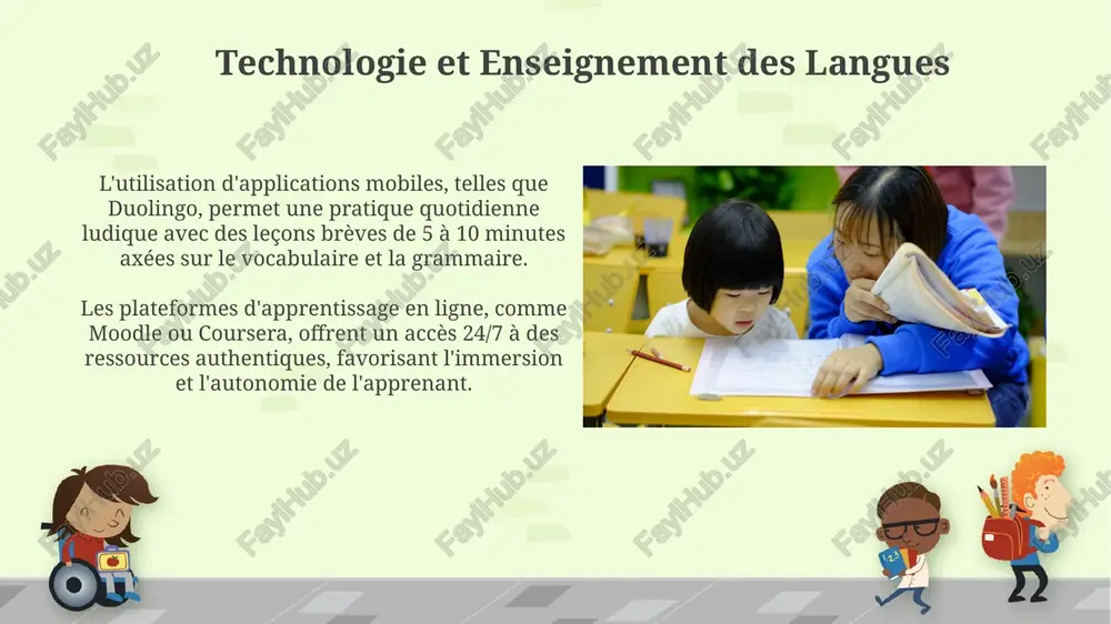 une grille avec 5 critères, encourage la métacognition et la prise de conscience des points forts et faibles de l'étudiant. le feedback correctif doit être précis et ciblé, indiquant clairement l'erreur spécifique et suggérant des stratégies d'amélioration, comme la révision de règles de grammaire. approches communicatives l'approche communicative met l'accent sur l'interaction et la signification, avec 70% du temps de classe consacré à des activités pratiques utilisant la langue. elle s'appuie sur des scénarios de la vie quotidienne et simule des situations authentiques pour encourager l'apprenant à communiquer efficacement dans divers contextes, avec 80% de réussites. méthodes humanistes : apprentissage centré sur l'apprenant les méthodes humanistes, dès les années 1970, mettent l'accent sur l'affect, réduisant l'anxiété grâce à l'écoute active et à une atmosphère de confiance favorisant l'expression personnelle. l'apprentissage centré sur l'apprenant implique une négociation du syllabus et une prise de décision conjointe sur les activités, accordant plus d'autonomie …