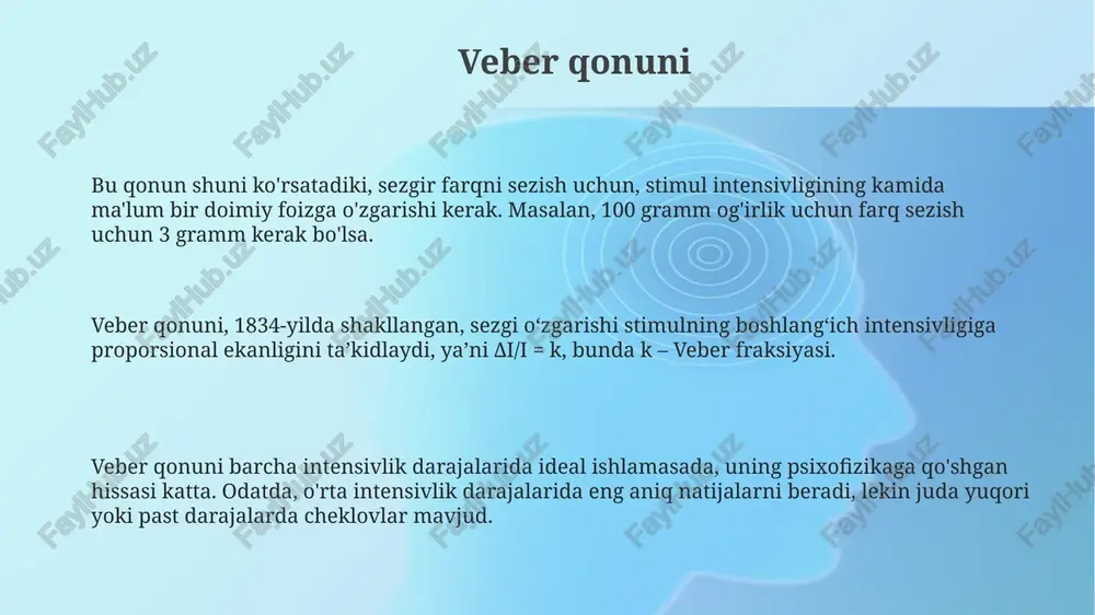 sezgilar psixofizikasi sezgi va fizik stimullar o'rtasidagi miqdoriy bog'liqlikni o'rganadi, masalan, tovush balandligining 5 db ga oshishi eshitish sezgisiga ta'sirini aniqlaydi. sezgi chegaralari, masalan mutlaq chegara (50% hollarda aniqlangan stimullar intensivligi) va farqlash chegarasi (jnd) sezgi psixofizikasida muhim o'lchovlardir. fechner qonuni sezgi kuchining stimullarning logarifmiga proportsional ekanligini ko'rsatadi: s = k log i, bu yerda s sezgi, i intensivlik va k doimiy qiymatni ifodalaydi. fexner qonuni qonunga ko'ra, sezgi o'zgarishi stimulyatorning dastlabki intensivligiga proportsionaldir, masalan, 10% o'zgarish sezgi uchun ahamiyatli bo'lishi mumkin. weber-fexner qonuni sezgi o'zgarishlarini aniqlashda 'just noticeable difference' (jnd) tushunchasini kiritadi, bu esa sezgini o'lchashning asosiy usulidir. fexner qonuni sezgi intensivligi va stimulyator intensivligi o'rtasidagi logarifmik munosabatni ifodalaydi: s = k * log(i), bu yerda k - doimiy. adaptatsiya adaptatsiya 3 xil turga bo'linadi: qorong'ulik, yorug'lik va harorat. qorong'ulik adaptatsiyasi 25-30 daqiqagacha davom etadi va sezuvchanlik sezilarli darajada ortadi. adaptatsiya tufayli biz doimiy ravishda ta'sir etuvchi stimullarga e'tibor …
