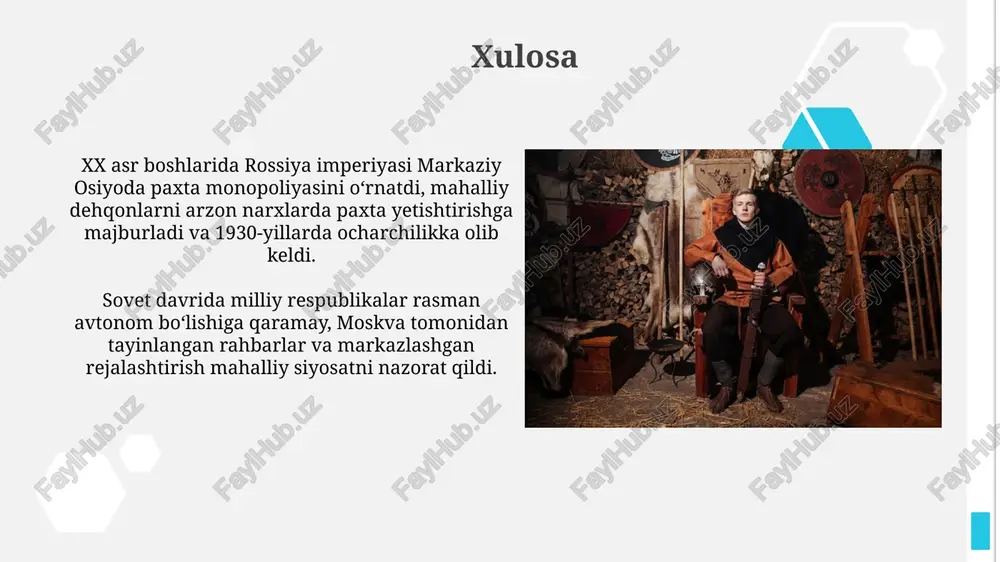 tiga qarshi markaziy osiyoda keng tarqalgan norozilik edi. paxtachilikka qaratilgan majburiy dehqonchilik, xx asr boshlarida mahalliy aholining iqtisodiy qaramligini kuchaytirdi va an'anaviy dehqonchilik usullarini yo'q qildi. boltiqbo'yi davlatlarida mustamlakachilik siyosati 1940-yilda boltiqbo'yi davlatlarining anneksiyasi sovet ittifoqi tomonidan amalga oshirildi, bu xalqaro huquq normalarini buzgan va mustamlakachilik siyosatining bir ko'rinishi edi. sovet hukumati boltiqbo'yi davlatlarida kollektivlashtirish va milliylashtirish siyosatini o'tkazdi, bu esa mahalliy iqtisodiyotga zarar yetkazdi va xususiy mulkni yo'q qildi. madaniy assimilyatsiya va ruslashtirish siyosati ruslashtirish siyosati 1920-1930 yillarda o'zbek tilidagi maktablar sonini kamaytirish, rus tilini o'qitishni kuchaytirish orqali amalga oshirildi, bu esa madaniy o'zlikni yo'qotishga olib keldi. xx asrda madaniy assimilyatsiya siyosati mahalliy elitalarni ruslashtirishga qaratilgan bo'lib, ularga imtiyozlar berilib, rus tilida ta'lim olishga undalgan, bu esa mahalliy madaniyatning yo'qolishiga olib keldi. rossiya imperiyasining qulashi va mustamlakachilik siyosatining tugashi birinchi jahon urushi davridagi iqtisodiy qiyinchiliklar va harbiy mag‘lubiyatlar milliy ozodlik harakatlarining kuchayishiga olib keldi, bu esa rossiya imperiyasining zaiflashishiga …