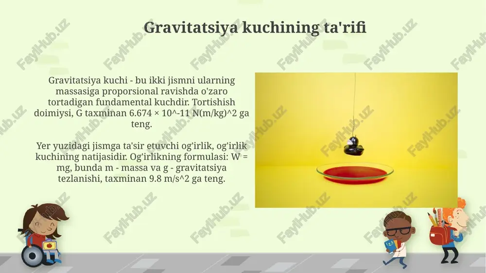 irlikning qo'llanilishi navigatsiyada muhim, chunki gravitatsiya yordamida inersial navigatsiya tizimlari (ins) orientatsiya va tezlikni aniqlaydi, 9.8 m/s² qiymatdan foydalanadi. gravitatsiyaning ta'siri yer yuzida, tortishish tezlanishi taxminan 9.8 m/s² ni tashkil etadi, bu har bir soniyada erkin tushayotgan jismning tezligi shu miqdorga ortishini anglatadi va og'irlikni aniqlaydi. fazoda, tortishish mikro tortishish sharoitlarini yaratishi mumkin, bu yerda ob'ektlar deyarli og'irlik sezmaydi, bu kosmik tadqiqotlar va tajribalar uchun noyob imkoniyatlarni taqdim etadi. og'irlik formulasi (w = mg) ushbu formula og'irlik massaga proportsional ekanligini ko'rsatadi, ya'ni massa oshishi bilan og'irlik ham ortadi, g doimiy qiymat sifatida qabul qilinadi (dengiz sathida). og'irlik formulasi (w = mg) jismlarning yerga tortilish kuchini hisoblaydi, bu yerda w og'irlik, m massa va g yerning tortishish tezlanishi (taxminan 9.8 m/s²) hisoblanadi. massa va og'irlik o'rtasidagi farq massani oʻlchash uchun tarozi ishlatiladi, ogʻirlikni esa dinamometr oʻlchaydi. og'irlik formulasi w=mg, bu yerda m massa, g esa tortishish tezlanishi (yerda taxminan 9.8 m/s²). …