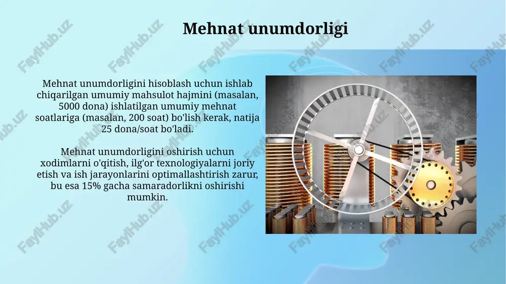 ilan o'lchanadi, bu esa resurslardan foydalanish darajasini aks ettiradi. xulosa va tavsiyalar ishlab chiqarish siklini 25% ga qisqartirish uchun jarayonlarni avtomatlashtirish va ishlab chiqarish rejasini optimallashtirish, shuningdek, ish jarayonini standartlashtirish va nazorat qilish zarur. ishlab chiqarish xarajatlarini kamaytirish uchun materiallardan foydalanish koeffitsientini 0.9 dan yuqori darajaga ko'tarish, chiqindilarni kamaytirish va xomashyo yetkazib berish zanjirini optimallashtirish lozim. e'tiboringiz uchun rahmat image3.jpg image4.jpg image5.jpg image6.jpg image7.jpg image8.jpg image9.jpg image10.jpg image11.jpg image12.jpg image1.png