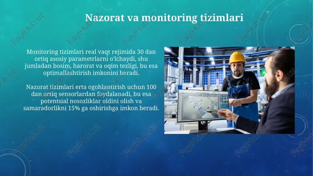 y elementni o'z ichiga oladi: monitoring, tahlil va optimallashtirish. bu siklik jarayon, u doimiy takomillashtirishga yo'naltirilgan. quvurlarni ishlatishda texnologik rejimning ahamiyati quvurlarni ishlatishda texnologik rejim, optimal bosim 10-15 mpa oralig'ida saqlanishini ta'minlab, gidravlik zarbalarni kamaytiradi va quvurlarning ishlash muddatini oshiradi. rejimning muhimligi shundaki, u korroziya darajasini nazorat qiladi, masalan, h2s konsentratsiyasi 5 ppm dan past bo'lishini ta'minlaydi, bu esa quvurlarning xavfsizligini kafolatlaydi. atrof-muhitga ta'siri neft va gaz quduqlarini ishlatish jarayonida metan (ch4) chiqindilari global isish potentsialiga (gwp) ta'sir ko'rsatadi, chunki u co2ga nisbatan 25 barobar kuchliroq issiqxona gazidir. quduqlarni burg'ulashda ishlatiladigan burg'ulash suyuqliklari tarkibida og'ir metallar va zaharli kimyoviy moddalar mavjud bo'lib, tuproq va suvning ifloslanishiga olib kelishi ham mumkin. amaliy misollar va tajribalar neft qazib olishda sun'iy intellektni qo'llash: 5000 ta quduqda ai bilan optimallashtirish natijasida mahsulot 15% ga oshdi, nasos uskunalarining ishlash muddati 20% ga uzaytirildi. geologik modellarni yaratish uchun 3d simulyatsiyalardan foydalanish: 20 ta quduq ma'lumotlarini tahlil …