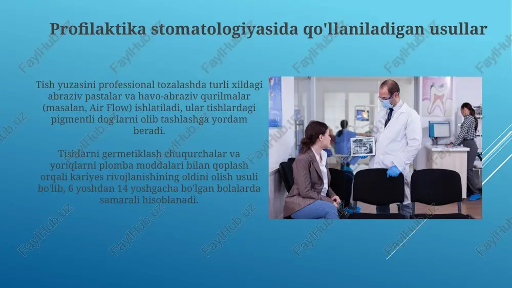 llar, shisha ionomer sementlari va amalgamalar kabi turli xil plomba materiallari ishlatiladi, ularning har biri o'z afzalliklari va kamchiliklariga ega. profilaktika stomatologiyasi bo'limining tuzilishi profilaktika bo'limida og'iz bo'shlig'i gigiyenasi xonasida tish pastalari, cho'tkalar va flosslar kabi individual gigiyena vositalari namoyish etiladi hamda ulardan foydalanish bo'yicha maslahatlar beriladi. profilaktika stomatologiyasi bo'limida 1-2 nafar stomatolog-profilaktika vrachlari, 2-3 nafar tish gigiyenachilari va 1 nafar hamshira bo'lishi mumkin, ularning vazifalari profilaktik tadbirlarni o'tkazishdir. tish yoriqlarini germetiklash tish yoriqlarini germetiklash, ayniqsa chuqur va tor yoriqlarni, 6-15 yoshdagi bolalarda kariesning oldini olishning samarali usuli hisoblanadi, bunda 70-90% gacha profilaktik ta'sir ko'rsatadi. germetiklash materiallari, masalan, kompozit smolalar yoki shisha ionomer sementlari, yoriq tubiga singib, kislota ishlab chiqaradigan bakteriyalarning kirishiga to'sqinlik qiladi va tish emalini mustahkamlaydi. og'iz bo'shlig'i gigiyenasi og'iz bo'shlig'i gigiyenasini baholash uchun gigiena indekslari (masalan, ohi-s) qo'llaniladi, ular gigiena darajasini aniqlashga yordam beradi. og'iz bo'shlig'i gigiyenasi, jumladan, kuniga kamida ikki marta 2 daqiqadan tishlarni ftoridli tish …