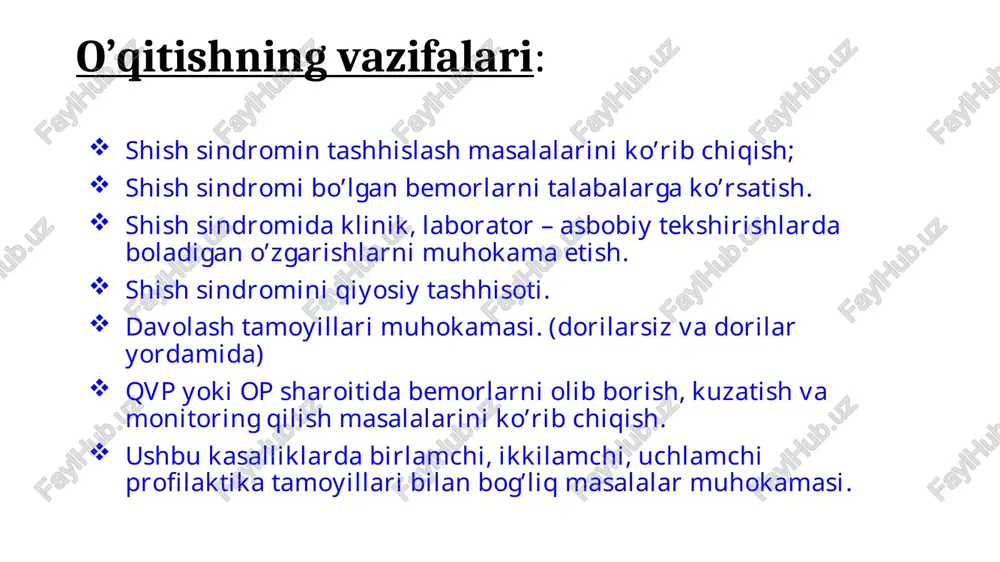 shlarni rivojlanish sabablari miokard shikastlanishi: yik, miokarditlar, dilatatsion kardiomiopatiya, miokardiodistrofiya yurak mushaklarini hajm bilan zo’riqishi: aortal va mitral regurgitatsiya, qorinchalararo to’siq nuqsoni, ochiq arterial yo’lak yurak mushaklarini bosim bilan zo’riqishi: ag (tizimli va o’pka gipertenziyasi), aorta va o’pka arteriyasi of’zini torayishi yurak kasalliklarida shishlarni rivojlanish sabablari yurak mushaklarini kombinatsiyalangan zo’riqishi: yuqoridagi ikkinchi va uchinchi guruh sabablarini birgalikda kelishi, murakkab tug’ma va orttirilgan yurak nuqsonlari qorinchalarni diastolik to’lishini buzilishi: gipertrofik va restriktiv kardiomiopatiya, gipertonik yurak (chap qorincha dilatatsiyasibo’lmaganda), mitral stenoz, ekssudatli va konstriktiv perikarditlar. yurakning qon otish hajmi ortishi bilan kechadigan holatlar: tireotoksikoz, yuqori darajadagi kamqonlik, tana vaznining oshishi, jigar sirrozi syy da shishlar: - anamnezida yurak kasalliklari mavjud. shishlar ma’lum bir muddat davom etgan xansirash, yurak urib ketishidan keyin yuzaga keladi; - asta – sekin simmetrik ravishda rivojlanadi; - asosan pastdan yuqoriga qarab, yotoq bolalarda esa yelka, bel va quymich sohalarida joylashadi; - ushlab ko’rganda teri sovuq, ko’kargan, shishlar uzoq …