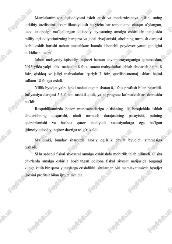 elib bir qator yutuqlarga erishdikki, shulardan biri mamlakatimizda byudjet ijrosini profitsit bilan ijro etilishidir. 1.iqtisodiyotda multiplikator samarasi j.m.keyns investitsiyalarning ko‘payishi bilan milliy daromadning ko‘payishi o‘rtasidagi bog‘liqlikni taxlil qildi. uning ko‘rsatib berishicha, investitsiyalarning ko‘payishi milliy daromadning o‘sishiga olib keladi va u quyidagi formula ko‘rinishida ifodalanadi: y = i bu yerda y- milliy daromadning o‘sishi, i – investitsiyalarning o‘sishi tufayli yuzagakelgan. investitsiyalarning ko‘payishi va uning natijasida milliy daromad va aholining ish bilan bandligining o‘sishi maqsadga muvofiq iqtisodiy samara sifatida ko‘riladi. ana shu iqtisodiy samara iqtisodiy adabiyotlarda multiplikator samarasi deb ataladi. multiplikator – bu son koeffitsenti bo‘lib, daromad o‘sishi bilan, ushbu o‘sishni yuzaga keltirgan investitsiyalar o‘simi o‘rtasidagi nisbatni ifodalab beradi. multiplikator atamasini birinchi marta ingliz iqtisodchisi r.kan 1931 yili ishlatgan. r.kanda ish bilan bandlik sohasidagi multiplikator samarasi to‘g‘risida so‘z yuritiladi. uning ko‘rsatib berishicha, davlat tomonidan ijtimoiy ishlab chiqarishni tashkil qilish ish bilan ta’minlangan kishilarni xarajatlarining ko‘payishiga olib keladi va o‘z navbatida xarajatlarning o‘sishi …