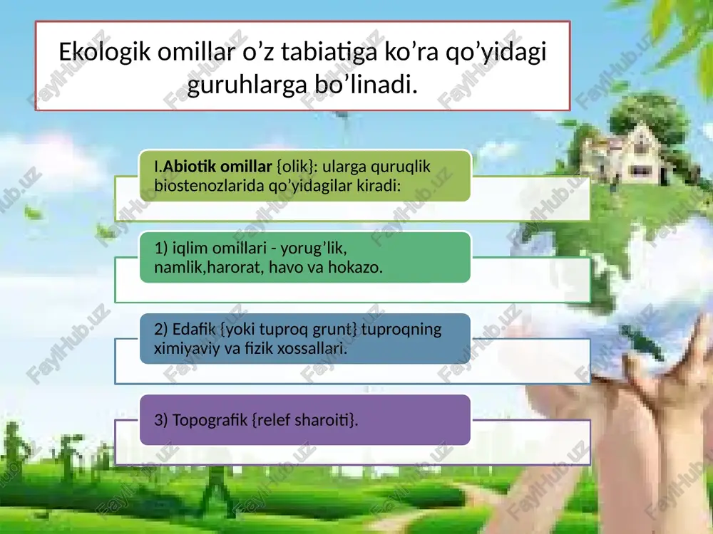 lovchi faktorlarini bilib olish insoning xo’jalik yuritishida juda katta rol o’ynaydi, chunki organizmlarning hayotiy faoliyatini boshqarishda, cheklovchi faktorlar kalit hisoblanadi. image2.png image3.png image4.jpeg image1.jpg /docprops/thumbnail.jpeg