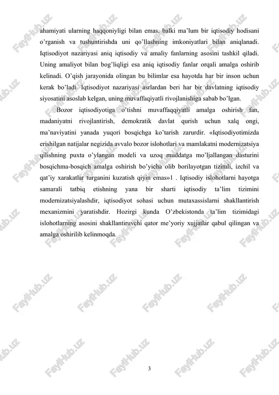 onda ta’lim tizimidagi islohotlarning asosini shakllantiruvchi qator me’yoriy xujjatlar qabul qilingan va amalga oshirilib kelinmoqda. 1.iqtisodiyot nazariyasini organish zarurligi va uning iqtisodiy tafakkurni shakllanishida ilmiy metodologika sos ekanligi iqtisodiyot nazariyasi fani va uning qonun-qoidalarini bilish uchun, eng avvalo, iqtisodiyot va uning vazifalari to‘g‘risida tasavvurga ega bo‘lish lozim. insoniyat hayoti va uning taraqqiyoti juda murakkab, ko‘p qirrali va g‘oyat chigal muammolarga boydir. bu muammolar kishilarning moddiy ne’matlar ishlab chiqarish, xizmatlar ko‘rsatish, fan, madaniyat, siyosat, mafkura, axloq, davlatni boshqarish sohalaridagi va nihoyat, oiladagi va boshqa faoliyat turlarining borgan sari ko‘payib, rivojlanib hamda ularning o‘zgarib borishi natijasida vujudga keladi. uzoq davrlar davomida insoniyat fikrini band qilib kelgan ayrim masalalar bugungi kunda oddiy haqiqat va oson bilish mumkin bo‘lgan narsaga o‘xshab ko‘rinadi. masalan, bugun hammaga ma’lumki, kishilar yashashlari, siyosat, san’at, adabiyot, fan, ma’rifat, madaniyat, ta’lim bilan shug‘ullanishlari uchun hayotiy ne’matlarni iste’mol qilishlari, kiyinishlari kerak. shuning uchun har bir kishi, o‘zining kundalik hayotida bir qancha …