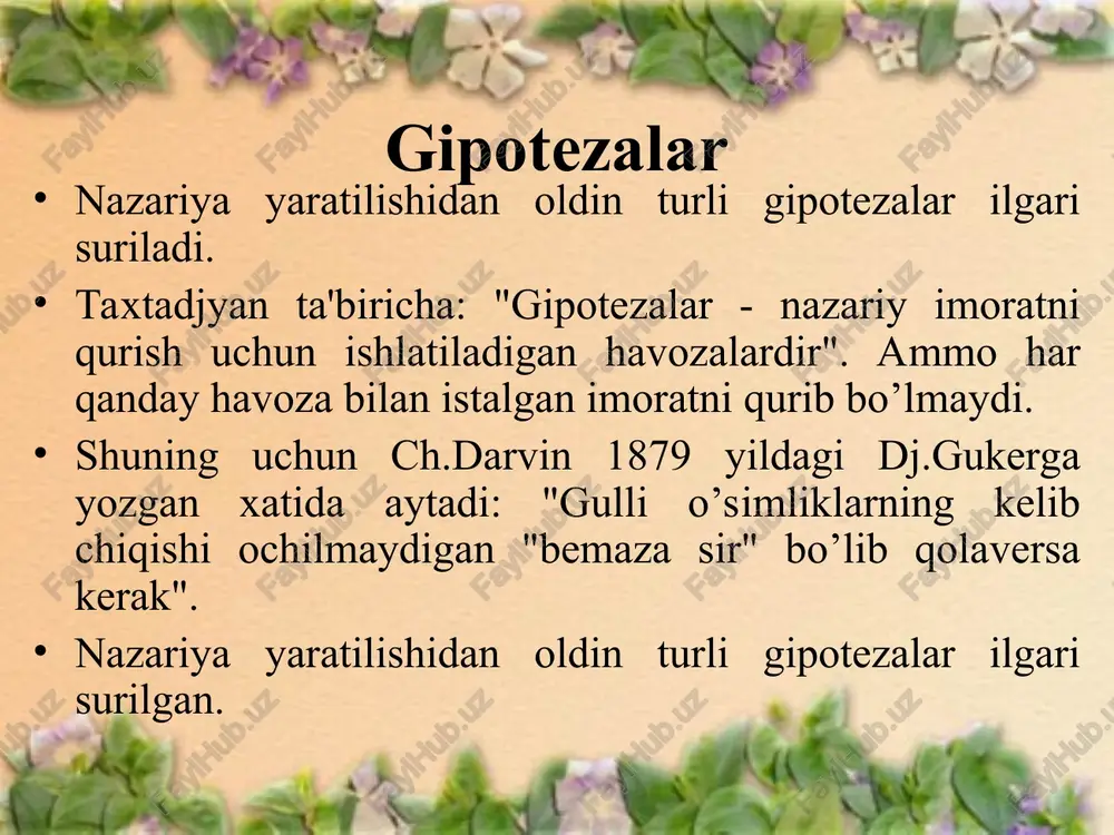 yatoifa o’simliklar - 2 sinf, 101 qabila, 156 oila, 975 turkum. ikki urug’pallalilar sinfi bir urug’pallalilar sinfi ikki urug’ pallalilarga kiruvchi oilalar gazandadoshlar, torondoshlar, sho’radoshlar, gultojixo’rozdoshlar, chinniguldoshlar, ayiqtovondoshlar, ko’knordoshlar, shotaradoshlar, kavardoshlar, karamdoshlar, rezedadoshlar, semizakdoshlar, ra'nodoshlar, burchoqdoshlar, yoronguldoshlar qontepardoshlar, isiriqdoshlar, tuyatovondoshlar, rutadoshlar, sutlamadoshlar, pistadoshlar, zarangdoshlar, balzamindoshlar, gulxayridoshlar, dalachoydoshlar, gunafshadoshlar, timeliyadoshlar, jidadoshlar, ziradoshlar, navro’zguldoshlar, gazako’tdoshlar, pechakdoshlar, zarpechakdoshlar, sutpechakdoshlar, kampirchopondoshlar, tizimguldoshlar, yalpizdoshlar, ituzumdoshlar, sigirquyruqdoshlar, shumg’iyadoshlar, zupturumdoshlar, ro’yandoshlar, shilvidoshlar, asorundoshlar, to’ng’iztaroqdoshlar, qoqio’tdoshlar, bir urug’pallalilarga kiruvchi oilalar qo’g’adoshlar, bug’doydoshlar, xiloldoshlar, kuchaladoshlar, loladoshlar, shirachdoshlar, piyozdoshlar, chuchmomadoshlar, gulsapsardoshlar yopiq urug’li o’simliklar ikki urug’ pallalilar bir urug’ pallalilar sinfi sinfi belgilari ikki urug’ pallalilar o’simliklar bir urug’ pallali o’simliklar 1. urug’ murtagi ikki urug’ palla bir urug’ palla 2. hayotiy formalari daraxtlar, butalar va o’tlar asosan o’tlar belgilari ikki urug’ pallalilar o’simliklar bir urug’ pallali o’simliklar 3. ildiz sestemasi o’q ildiz popuk ildiz 4. barglari oddiy va murakkab oddiy belgilari ikki urug’ pallalilar o’simliklar bir urug’ pallali o’simliklar …