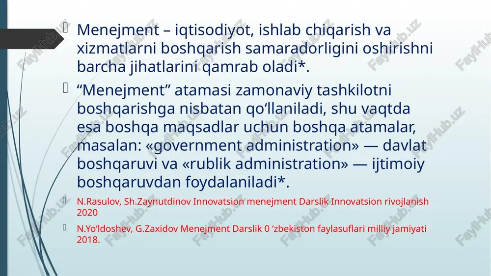 oshqaruvi (korxonada) korxona tizimi (strukturasi)ni yaratish boshqaruv tizimini yaratish strategik boshqaruv operativ-taktik boshqaruv menejment va tashkil qilishning o'zaro hamkorlikning butun turli-tumanligida faoliyatning menejment mazmunini tashkil qiluvchi chegaralarini yetarlicha aniq belgilash, hamda uning asosiy turlarini ajratish mumkin. masalan, ishlab chiqarish menejmenti-bu ishlab chiqarilayotgan tovarning aniq bozordagi raqobatbardoshligini ta'minlashning majmuaviy tizimidir. u o'z ichiga ishlab chiqarish va tashkiliy tuzilmalarni qurish, ishlab chiqarishni boshqarishning tashkiliy-huquqiy shakllarini tanlash, hayot tajribasining oldingi bosqichlariga muvofiq tovarlarni sotish va firma xizmatini ko'rsatish masalalarini oladi. moliyaviy menejment-bu moliyalarni boshqarishning barqarorligi, ishonchliligi va samaradorligini ta'minlashning majmuaviy tizimidir. u o'z ichiga moliyaviy ko'rsatkichlarni menejmentga ilmiy yondashuvlar va tamoyillar, daro- madlar va xarajatlar balansi, resurslardan foydalanishning samaradorligi ko'rsat- kichlari, ishlar va tovarlar rentabelligiga rioya qilish bilan shakllantirish va rejalashtirishni oladi. innovatsion menejment - bu mulk egasi tomonidan innovatsiyalarning barcha turlarini rivojlantirishga kiritiladigan investitsiyalarni boshqarishning majmuaviy usuli. u o'z ichiga tashkiliy tuzilmalarni qurish, innovatsiyalarning yo'nalishlarini tanlash, innovatsiyalar, xodimlarni boshqarishning har xil jihatlarini …