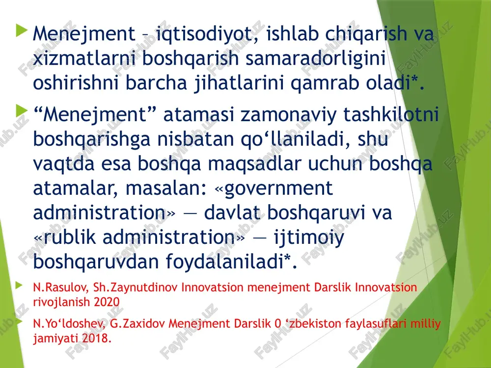 iqlashtirish — boshqaruvning boshqaruv tizimi elementlari o‘rtasidagi o‘zaro aloqa va muvofiqlikni ular o‘rtasida oqilona aloqalar (kommunikatsiyalar)ni o‘rnatish yo‘li bilan ta’minlashga qaratilgan vazifasidir. nazorat qilish nazorat qilish funksiyaning maqsadi "tutib olish", "aybini ochish", "ilintirish" emas, balki boshqaruv obyektida sodir bo‘layotgan jarayonlarni hisobga olish, tekshirish, tahlil qilish va ma’lum tartibda shu obyekt faoliyatini o‘z vaqtida sozlab turishdir. ta’sirchan nazoratni tashkil qilish har bir rahbarning funksional ishidir. muntazam nazorat yo‘q joyda yuqori natijalarga erishib bo‘lmaydi. nazorat turlari texnik nazorati; energiya nazorati; ekologik nazorati; sanitariya nazorati, moliyaviy nazorat va boshqalar. 3. boshqaruvdagi axborot va kommunikatsiyalar «informatsiya» axborot - atamasi lotincha so’z bo’lib, xabardorlik, biror xodisa yoki biror kishi faoliyati xaqida xabarga ega bo’lish ma'nosini bildiradi. axborot boshqaruv tizimini rivojlantirish va takomillashtirish maqsadida faol ta'sir etish uchun zarur ma'lumotlar yigindisidan iboratdir. etarli va aniq axborotga ega bo’lmay boshqarish mumkin emas. axborot - bu boshqaruv apparati faoliyatining xam dastlabki nuqtasi, xam natijasidir. tashkil qilish bilan shug‘ullanuvchilar …
