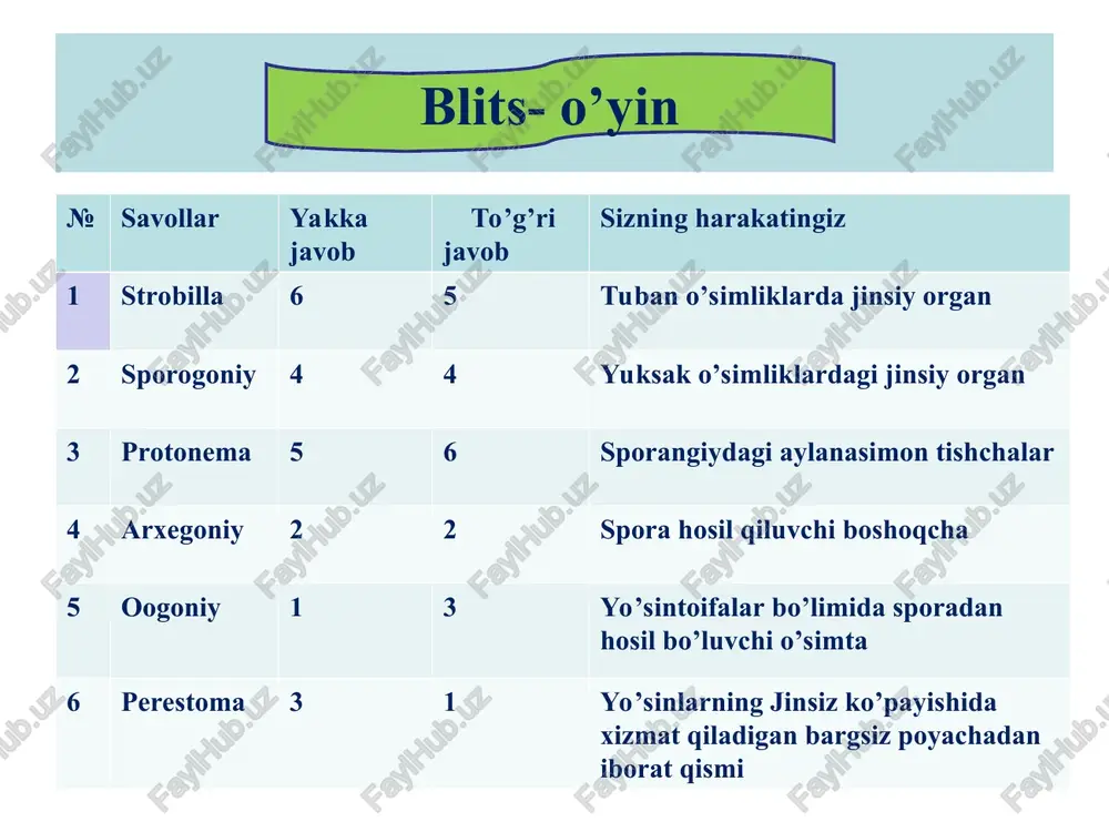 iladi. spora hosil qiluvchi boshoqcha ikki qisim-dan: o;q va unda joylashgan spora bargchalaridan (sporafillardan) tashkil topgan. spora bargchaning kengaygan qismining ustki tomonida buyraksimon sporogoniy va qisqa band bor. sporalar sporogoniyda yetigandan so’ng, sporogoniyning ko’ndalang choki bo’ylab yorilishi natijasida tashqariga. tarqaladi. ular shaklan bir xil yoki teng boiadi. tashqi tomondan to’rsimon qalin parda bilan o"ralgan, sporalar qulay sharoitga tushishi bilan, sekin-asta gametofitga aylanadi. plaunning gametofiti rangsiz, bir uyli bolib, tuproqning ostki qismida hayot kechiradi gametofitning to’la rivojlanib, undan embrionning hosil boiishi uchun 12 — 15 yil vaqt sarflanadi. plauntoifa — lycopodiophyta o’simliklar bo’limi bo’lim- plauntoifa - lycopodiophyta sinf (ajdod)- plaunsimonlar -lycopodiopsida qabila-plaunnamolar - lycopodiales oila-plaundoshlar-lycopodiaceae turkum-plaun-lycopodium tur--to’nog’ichsimon plaun- lycopodium clavatum polushniksimonlar- isotopsida sinfi (ajdodi) bu sinf toshko’mir davrida tabiatda keng tarqalgan bo’lib, qalin toshko’mir qatlamlarini tashkil etgan. selaginellanamolar-selaginellales qabilasi. bu qabila bitta selaginelladoshlar-selaginellaceae va bitta selaginella-selaginella turkumiga mansub 700 ga yaqin turni o’z ichiga oladi. turkum turlari, asosan. tropik va subtropik …