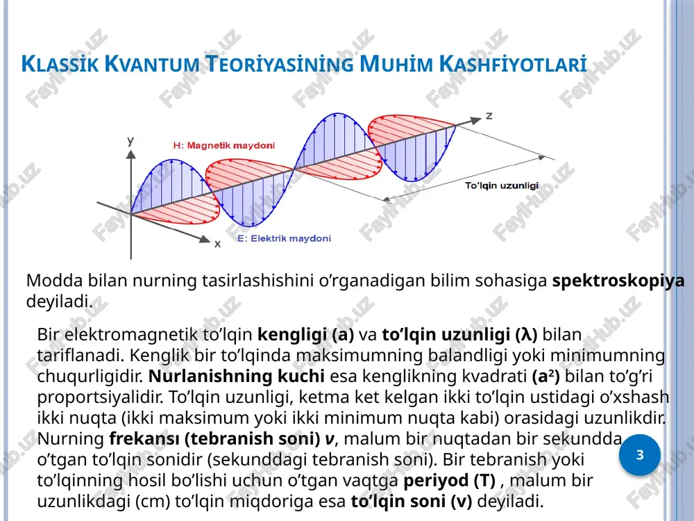 in funksiyasi orbital deb nomlanadi. orbitallar, bohr atom modelidagi orbitalarni eslatadi. vodorod atomida, bir elektron normalda eng past energiya saviyasida (e1) bo’ladi. bu energiya saviyasi barqaror holat (statsiyonar) sifatida bilinadi. orbital, elektronning mavjud bo’lish ehtimoli eng yuksak bo’lgan fazoviy hajimdir. 6 to’lqin tenglamasining bu uchta qiymatini quyidagicha yozish mumkin: ѱx = f (r) ∙ f (x) ѱy = f (r) ∙ f (y) ѱz = f (r) ∙ f (z) to’lqin tenglamasining uchinchi guruh yechimida ѱ yadrodan uzoqlikka (r), va fazoda yo’nalishga boğliqdir. bunga binoan, ѱ = f (r) ∙ f (x) ∙ f (y) yozish mumkin. 7 bu guruh orbitallar d orbitallaridir va l = 2’dir. ml = −2, −1, 0, +1,+2 ‘ga teng keladigan energiyasi bir xil beshta yechimi mumkindir. shunday qilib, n = 3, 4, 5, ... qiymatlarining har biriga teng keladigan energiyasi bir xil beshta d orbitali mavjuddir. l = 3 bo’lgandagi yechimlar f orbitallarini hosil …