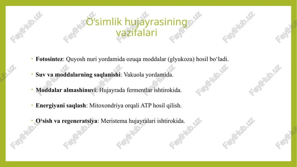 larni tayyorlash va ularni sitoplazmaga uzatish. yadro skeleti (yadroviy matriks) yadro ichida ipaksimon oqsillar tuzilmasi. yadro ichidagi shakl va tartibni saqlab turadi. genlar faolligini tartibga solishda ishtirok etadi. o‘simlik hujayralarining xillari o‘simlikda turli xil hujayralar mavjud, ularning har biri ma’lum vazifani bajaradi: 1.parenxima hujayrasi- moddalar almashinuvida va saqlashda ishtirok etadi. 2.kollenxima- yosh o‘simlik qismlarini mustahkamlaydi. 1.sklerenxima- qattiq, o‘lik hujayralar; mexanik himoya beradi. ksilema (yogoch to‘qimasi)- suv va mineral moddalarning ildizdan barglargacha harakatini ta'minlaydi. floema (luba to‘qimasi)- organik moddalarning butun o‘simlik bo‘ylab tarqalishini ta'minlaydi. meristema- bo‘linish qobiliyatiga ega; o‘sishni ta'minlaydi. sitoplazma (yunoncha: κύτος [sito] - hujayra va πλάσμα [plasma] — shakllangan) — hujayraning yadro bilan plazmatik membrana oraligʻida joylashgan asosiy tarkibiy qismi. 1839. yan purkin’e. sitoplazma — bu hujayraning ichki qismini to‘ldirib turuvchi qovushqoq suyuqlik bo‘lib, u hujayra membranasi bilan yadro o‘rtasida joylashgan. sitoplazmada barcha organoidlar joylashgan bo‘ladi va ularning faoliyati uchun muhit bo‘lib xizmat qiladi. o’simlik hujayralari sitoplazmasi hayvon hujayralaridan …