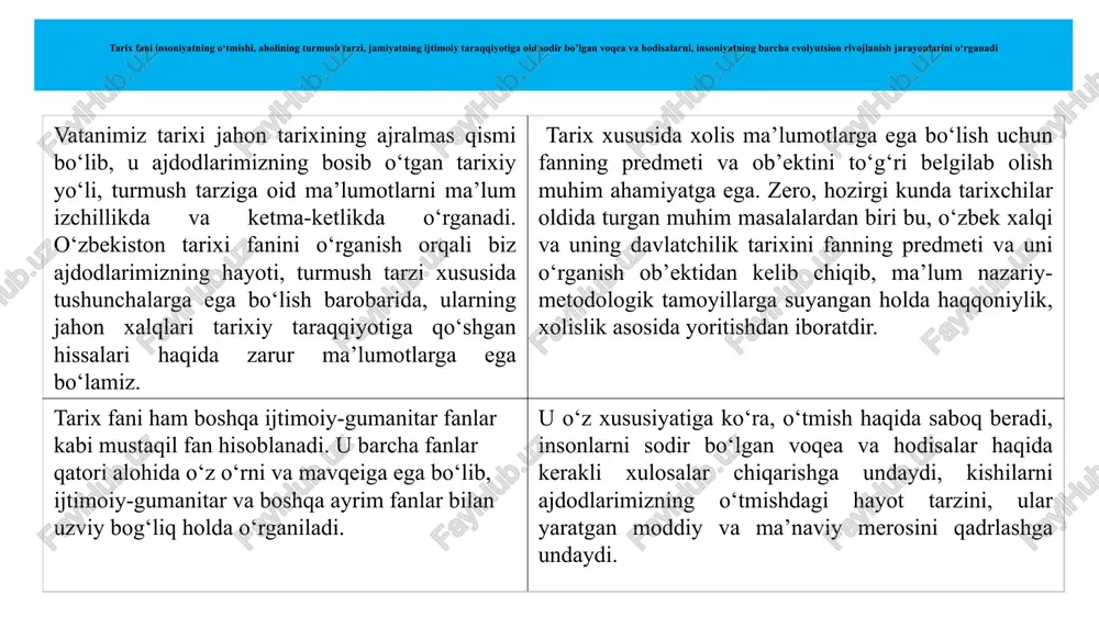 arini to‘g‘ri belgilab olishga ko‘maklashish, o‘tmish xatolarini takrorlamaslik, ulardan zarur saboqlar chiqarish, taraqqiyotga, millat kelajagiga xavf soluvchi asosiy omillarni oldindan ko‘ra olish va ularni o‘z vaqtida bartaraf etish, qo‘shni va dunyo xalqlari bilan hamjihatlikda, tinch totuv yashashini ta’minlash. istoriya uzbekistana 7 8 a.asqarov o‘zbekiston tarixini 7 ta davrga bo‘lib o‘rganish maqsadga muvofiqligi ilgari surilgan. shu bilan quyidagi davrlashtirish taklif etgan: 1. “ibtidoiy to‘da davri”. 2.o‘zbekistonda “ibtidoiy urug‘chilik jamoasi va mulk egaligining shakllanish davri”. 3. o‘zbekistonda “ilk o‘rta asrlar davri”. 4.“o‘rta asrlar davri. 5. “mustamlakachilik” davri 6. “sovetlar hukmronligi davri” 7.” eng yangi davr”deb nomlanadi, istoriya uzbekistana o`zbekistonning eng yangi tarixi 8 9 o‘zbekistonning eng yangi tarixi davrini bizningcha, o’zbekiston respublikasining mustaqillik yillarida bosib o’tgan yo’lining mazmun-mohiyati, o’rni va xususiyatlaridan kelib chiqib, quyidagi bosqichlarga bo’lib o’rganish mumkin: o’zbekistonning mustaqillikka erishish ostonasi davri – 1989-1991 yillar milliy davlatchilik asoslari va bozor iqtisodiyotining shakllanish davri – 1991-2000 yy. faol ijtimoiy-iqtisidiy yangilanishlar va modernizatsiyalar …