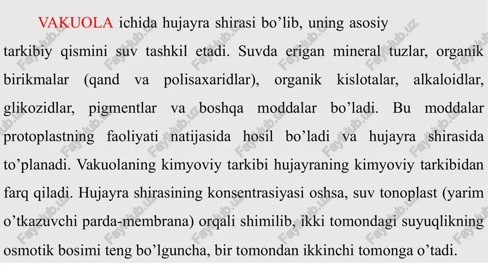 ganik birikmalar (qand, aminokislotalar, oqsillar) va moddalar almashinuvining oxirgi mahsulotlari (taninlar, glikozidlar, alkaloidlar), ayrim pigmentlar (mas., antotsianinlar) boʻladi. vakuolalar hujayradagi suv-tuz al-mashinuvini boshqaradi; hujayraning turgor holatini saqlaydi; quyi mole-kulali suvda eriydigan metabolitlar va zaxira moddalarni toʻplaydi; moddalar almashinuvida hosil boʻladigan zararli moddalarni hujayradan chiqa-rib tashlaydi va boshqa baʼzi funk-siyalarni bajaradi. plazmolizga uchragan xujayralar tiriklik xususiyatini saqlab qolsa, ularni suvga solib turgor holatini tiklash mumkin. bu hodisaga deplazmoliz deb ataladi. deplazmoliz, plazmolizdan qaytish, turgorga o’tish demakdir. bunda xujayra suvni shimib olib plazmoliz holatidan, turgor holatiga qaytadi amalda qishloq xo’jaligidagi ko’p masalalar o’simlikning shu turgor va plazmoliz hodisasiga bog’liqdir. masalan, yoz faslida g’o’zalar o’z vaqtida sug’orilmasa, tuproq eritmasi quyuklashib ketib, suvning o’simlik ildiziga o’tishi qiyinlashadi va ildiz hujayralarida plazmoliz hodisasi ro’y beradi. bunday holda o’simlikning rivojlanishi batamom to’xtab qolishi mumkin. shuning uchun g’o’zani vaqtida sug’orish talab etiladi. g’o’za qondirib sug’orilsa, hujayra turgori tiklanadi va uning o’sishi tezlashadi. masalan, meristema (hosil qiluvchi to’qima) …