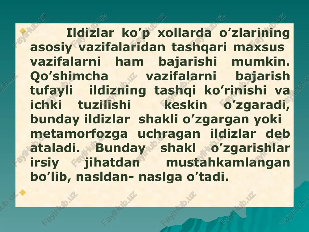 ida hosil bo'ladi va pastga qarab o'sadi. erga etgandan keyin ular tarmoqlanadi va ustunga o'xshab daraxt tanasini ko'tarib turadi. xodul ildizlar ildiz bakteriya tuganaklari dukkakli o'simliklar ildizlarida maxsus tuganak hosil qiluvchi bakteriyalar yashaydi. ular dukkakli o'simlik ildizida simbioz holda yashashga moslashgan. bu bakteriyalar tuproqdan ildiz tukchalari orqali uning po'stloq parenximasiga kiradi va zudlik bilan ko'payadi. shuning uchun ham ildizning shu joyi bo'rtib tuganak hosil qiladi. shu sababli bu bakteriyalar tuganak bakteriyalari deb ataladi. ildiz bakteriya tuganaklari bakteriyalar dukkakli o'simliklar ildizidan azotsiz organik moddalarni, xavodan esa erkin azotni o'zlashtirib, azotli moddalarni hosil qiladi. bu moddalardan o'z navbatida dukkakli o'simliklar ham foydalanadi,shu bilan birga tuganaklarda to'plangan azotli moddalar tuproqni boyitadi. mikoriza ko'p o't o'simliklarning ildizlari ham zamburug'lar bilan simbioz holda yashashi mikoriza deb ataladi. zamburug' o'simlikni suv va mineral moddalar bilan ta'minlanishiga yordam berib, o'zi o'simlikdan uglevod va boshqa moddalarni oladi. mikoriza tuziliga ko'ra ikki asosiy turga ajratiladi: tashqi (ektotrof) va ichki …