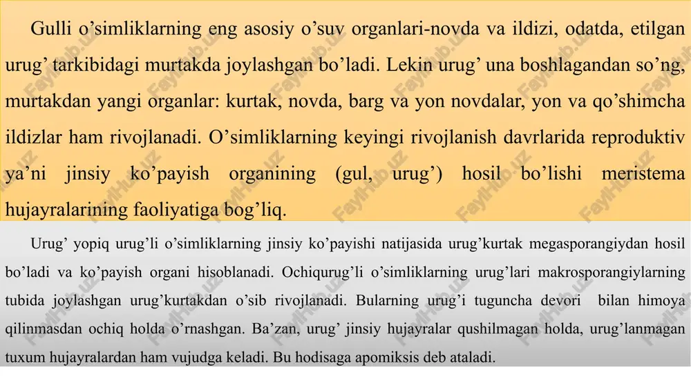 urug’ mevalardan uzilib tushsa, ularning po’stida urug’ o’rni bilan qo’shiladigan joyi bo’ladi, bunga urug’ choki yoki urug’ kertimi deb ataladi. urug’lar pishib erga to’kilgandan so’ng qulay ob-havo va namlik sharoitida unib chiqadi. unishning dastlabki davrida suv va havo mikropile orqali urug’ ichiga o’tadi va fermentlar ta’sirida urug’ po’sti xujayralari shilimshiqlanadi, natijada urug’larning, tuproq zarrachalariga yopishib nam to’plashi uchun zamin yaratiladi. 2.ikki va bir urug‘pallali o‘simliklarning urug‘larini tuzilishi. murtak, urug'lanish sodir bo'lgandan so'ng, zigotadan hosil bo'ladi. uning hujayralari diploid xromosomali yadroga ega. murtak yangi o'simlikning boshlang'ichi, u deyarli meristema to'qimasidan tashkil topgan. gulli o'simliklarning etilgan murtagi morfologik jihatdan boshlang'ich novda, ildiz va bitta yoki ikkita urug'palladan iborat bo'lib, ular yosh sporofit o'simlikning birinchi barglari hisoblanadi. urug' unib chiqqanda ikkita bargsimon yashil palla (g'o'za, loviya) hosil qiluvchi o'simliklar ikki pallali o'simliklar, deb ataladi. murtaklari bir urug' pallali o'simliklar bir pallali o'simliklar deb ataladi (bug'doy, sholi va boshqalar). boshlang'ich novda va ildizning apikal …
