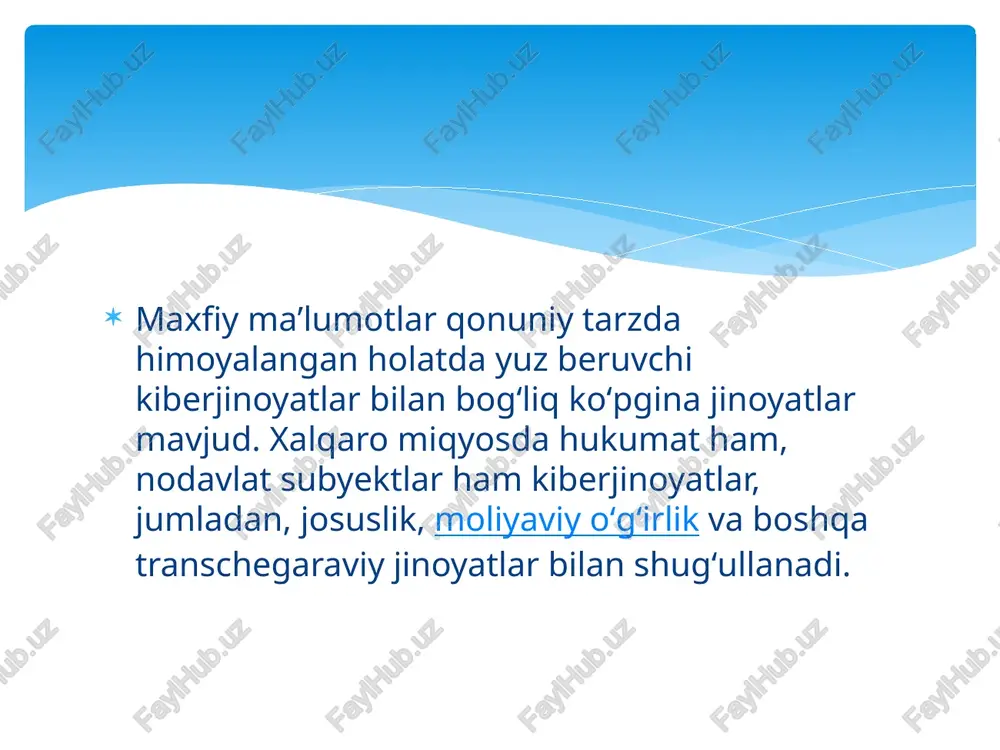 garlikka tortilish ehtimoli kamroq va ayniqsa, daromad keltiruvchi kiberjinoyatlardir[.sorbonna biznes maktabi professori jan-lup richet kiberjinoyatchilar hamjamiyatlarida kuzatilgan reklama firibgarliklarining koʻp turlarini uchta toifaga ajratdi: (1) shaxsiy maʼlumotlar bilan bogʻliq firibgarlik; (2) atribut firibgarligi; va (3) reklama-firibgarlik xizmatlari[. kompyuter jinoyatlariga qarshi kurash transchegaraviy hujumlarni qoʻllab-quvvatlash uchun internetdan foydalanishlari sababli kiberjinoyatchilarni topish va ularga qarshi kurashish qiyin. internet nafaqat odamlarni turli joylardan nishonga olishga imkon beradi, balki etkazilgan zarar koʻlamini oshirishi mumkin. kiber jinoyatchilar bir vaqtning oʻzida bir nechta odamni nishonga olishlari mumkin. davlat va xususiy sektorlar uchun virtual maydonlarning[ mavjudligi kiberjinoyatlarning kundalik hodisaga aylanishiga imkon berdi. 2018- yilda internetdagi jinoyatlar boʻyicha shikoyat markaziga kiberjinoyatlar boʻyicha 351 937 ta murojaat kelib tushdi, bu esa 2,7 milliard dollar yoʻqotishga olib keldi[. global reytinglarda o‘zbekistonning mavqeyini oshirish davlat siyosati darajasida ko‘tarilgan. shu sababli, kiberxavfsizlik darajasini aniqlash bo‘yicha xalqaro va milliy reytinglarni o‘rganish, ularda belgilangan baholash mezonlari bo‘yicha davlat organlari va tashkilotlarida, muhim axborot infratuzilmasi …