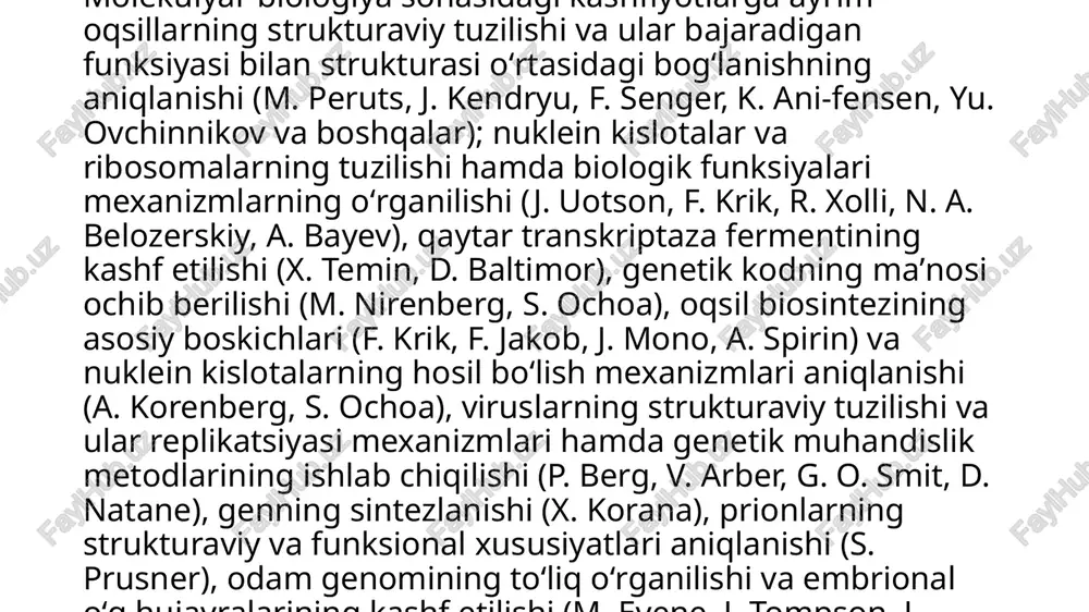 ogik faol polipeptidlar, oqsillar va aminokislotalarni bakteriyalar yordamida sintezlash)da, tibbiyot turli sohalari (virusologiya, immunologiya)npnt nazariy asosi sifatida katta amaliy ahamiyatga ega. hozirgi davrda molekulyar biologiya oldida xavfli oʻsmalar va irsiy kasalliklarning molekulyar muammolarini oʻrganish, ularning oldini olish, katalitik reaksiyalar, gormonlar, zaharli va dorivor moddalar taʼsirining molekulyar mexanizmlarini aniqlash, xotira mexanizmi va nerv jarayonlari tabiatini aniqlash kabi muammolarni hal qilish vazifalari turibdi. molekulyar biologiya biokimyo, biofizika, bioorganik kimyo va biotexnologiya bilan birga biologiyaning bitta umumiy yoʻnalishi boʻlgan fizik-kimyoviy biologiyaga kiradi.[1] /docprops/thumbnail.jpeg