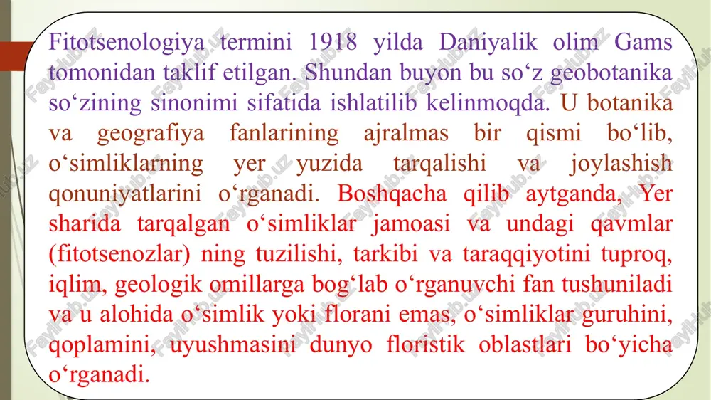 o‘lib fanga «geobotanika» terminini kiritdi. geobotanikaning fan sifatida shakllanishida rus akademigi f.ruprextning hissasini alohida takidlash lozim. o‘simliklar qoplami sistematikasiga oid dastlabki ma’lumotlarni avstriyalik olim karner o‘zining “jizn rasteniy dunayskix stran” nomli asarini yozib, u o‘simliklar qoplamini formatsiyalarga ajratishni fanga kiritdi. tuproqshunos olimlardan v.v.dokuchayev, p.a.kostuchev, botanik geograf olimlardan a.n.krasnov, g.i.tanfilyev, s.i.korjinskiy, p.n.krilov, i.k.pachoskiyning xizmatlarini alohida takidlab o‘tish zarur. dokuchayev 1880 yillarda bir gruppa mutaxassis olimlar bilan birga (tuproqshunos, geobotanik, meteorolog) dasht cho‘l mintaqasining tuprog‘ini kompleks o‘rgandi. xix asrning so‘nggi yillarida geobotanik tadqiqotlar keng miqyosda olib borildi. iosif kondratyevich pachoskiy “stadii razvitiya flori” (1891) asarida hozirgi geobotanika termini o‘rniga «florologiya» terminini qo‘lladi. 1896 yilda pachoskiy o‘zining «fitosotsiologiya» terminini kiritdi. bu so‘z ham fanda uzoq turmasdan daniyalik olim gams (1918) taklifi bilan «fitotsenologiya» terminiga aylantirildi. bu so‘z hozirgi kunda geobotanikaning sinonimi sifatida keng qo‘llanilib kelinmoqda. v.n.sukachev o‘zining 1904, 1908 yillarda nashr ettirgan geobotanik yo‘nalishdagi ishlarida, geobotanika yangi yo‘nalish bo‘lib, yangi bilim berishga asoslangandir, …