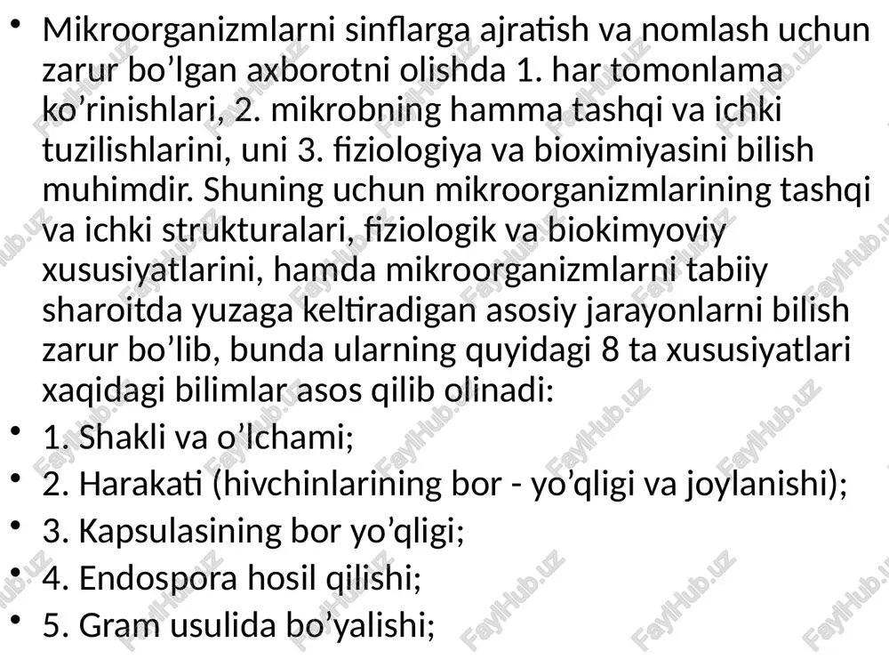 mlarga 1980 yil 1 yanvardan boshlab xalqaro bakteriya nomenklaturasi kodeksi qoidalariga muvofiq nom beriladigan bo’ldi. mikroorganizmlarni yaqin belgilariga qarab guruhlash uchun 1. tur (species), 2. avlod (genus), 3. oila (familia), 4. tartib (ordo), 5. sinf (classis), 6. bo’lim (divisio), 7. saltanat yoki olam (regnum) kabi taksonomiya kategoriyalari ishlatiladi. 2. tur va klon. tur deb, fenotipik o’xshashlikka ega bo’lgan bir genotipga mansub indvidlar yig’indisini bildiruvchi taksonomik birlikka aytiladi. ular kichik tur (podvid) va variantlarga bo’linadi. mikrobiologiyada shtamm va klon kabi atamalar ham ishlatilib, shtamm deganda har xil tabiiy muhitdan (suv havzasi, tuproq va hokazo) yoki bir muhitdan har xil muddatda ajratilgan yoki har xil ekologik muhit yoki geografik xududdan ajratib olingan birorta belgisi bilan farqlanadigan bir turga kiruvchi mikroorganizmlar guruhi tushuniladi. klon – bir hujayradan olingan mikroorganizm kulturasidir. bir turga kiruvchi individlarning to’plami - (populyatsiyasi) toza kultura deyiladi. mikrobiologiyada mikroorganizmlar evolyutsiyasi va filogeniyasi haqida ma’lumotlar yetarli bo’lmaganligi sababli, yuqori o’simliklar va …