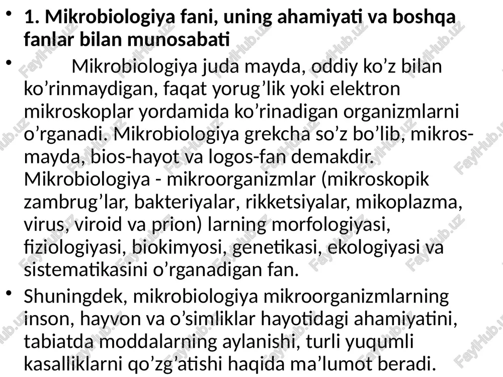 tsin, neomitsin, tetratsiklin kabi antibiotiklarni sintezlaydi. ya’ni hozirgi vaqtda ma’lum bo’lgan antibiotiklarning 2/3 ulushini aktinomitsetlar sintezlaydi. dehqonchilikda ham mikroorganizmlar muhim rol o’ynaydi, chunki ularning faoliyati natijasida tuproqda o’simliklar uchun zarur bo’lgan oziq moddalar to’planadi, natijada tuproqning unumdorligi ortadi, ekinlarning hosili ham yuqori va sifatli bo’ladi. tuproqda boradigan jarayonlarning ko’pchiligi undagi mikroorganizmlarning faoliyatiga bog’liq. masalan, tuproqlarning hosil bo’lishi, yerga ishlov berish, yerni o’g’itlash, sug’orish, tuproqda ro’y beradigan fiziologik ishqoriylik va kislotalilikni yo’qotish, zax yerlarning suvini qochirish, organik o’g’itlar tayyorlash, ularni saqlash va ulardan foydalanish mikroorganizmlarning faoliyati bilan bog’liqdir. tuproqda uchraydigan azot to’plovchi mikroorganizmlarni o’rganish atmosfera azotidan foydalanish masalasini hal etishda muhim ahamiyatga ega. akademik v.l.omelyanskiy mikroblarni shunday xarakterlaydi: «ular (mikroblar) hamma joyda bor. ular ko’zga ko’rinmasdan, odamning hayot yo’lida hamroh bo’ladi» (1-rasm). lekin ba’zi bir mikroorganizmlar oziq-ovqat mahsulotlarni (go’sht, baliq, don, kartoshka va rezavor mevalarni) buzadi yoki turli-tuman yuqumli kasalliklarni keltirib chiqaradi. bu to’g’rida v.l.omelyanskiy shunday degan: «mana shu mikroskopik, lekin …