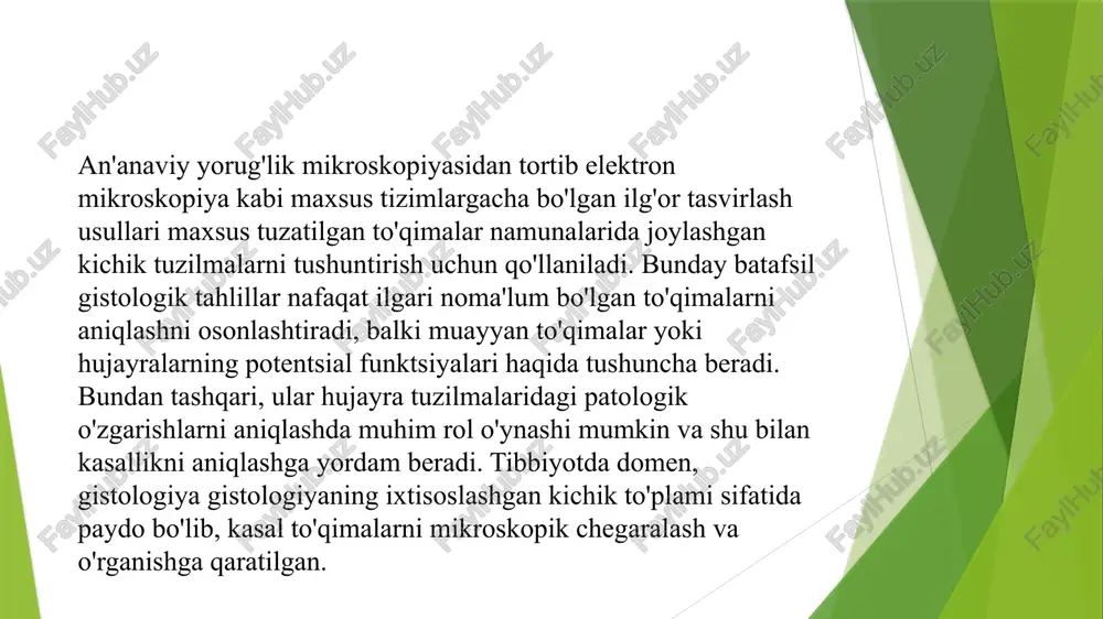 n ishlatiladi); tirik ob'ektlarni o'rganish uchun qorong'u maydon mikroskopiyasidan foydalaniladi; tushuvchi yorug'lik mikroskopiyasi (qalin jismlarni o'rganish uchun mo'ljallangan); 8) elektron mikroskopiya (0,1 - 0,7 nm ruxsatli mikroskopning eng zamonaviy turi). mikroskopik tadqiqotlar o’tkazish uchun ishlatiladigan ob`ekt - gistologik preparat quyidagi ikki asosiy talablarga javob berishi kerak: preparat orqali yorug’lik nurlari o’tishi, ya’ni u tiniq bo’lishi; uning strukturalari kontrastli bo’lishi, ya’ni nur sindirish ko’rsatkichi bo’yicha yetarli darajada bir-biridan farq qilishi lozim. aksariyat ko’pchilik hollarda hayvon organizmi to’qimalari va organlari bu talablarga javob bermaydi. shuning uchun mikroskopik kuzatishlar o’tkazishga yaroqli gistologik preparatlar tayyorlash maqsadida organ va to’qimalardan olingan namuna-bo’lakchalarga u yoki bu darajada murkkab ishlov beriladi. gistologik preparat surtma (qon, suyak iligi, so’lak, sperma, orqa miya suyuqligi va boshqalarning surtmasi), organlarning izi (taloq, timus, jigarniki), yupqa parda (biriktiruvchi yumshoq to’qima, qorin pardasi, plevra, miyaning yumshoq pardasi) yoki yupqa kesma bo’lishi mumkin. ko’pchilik hollarda to’qima va organlarning yupqa kesmasidan foydalaniladi. gistologik preparatlar maxsus …