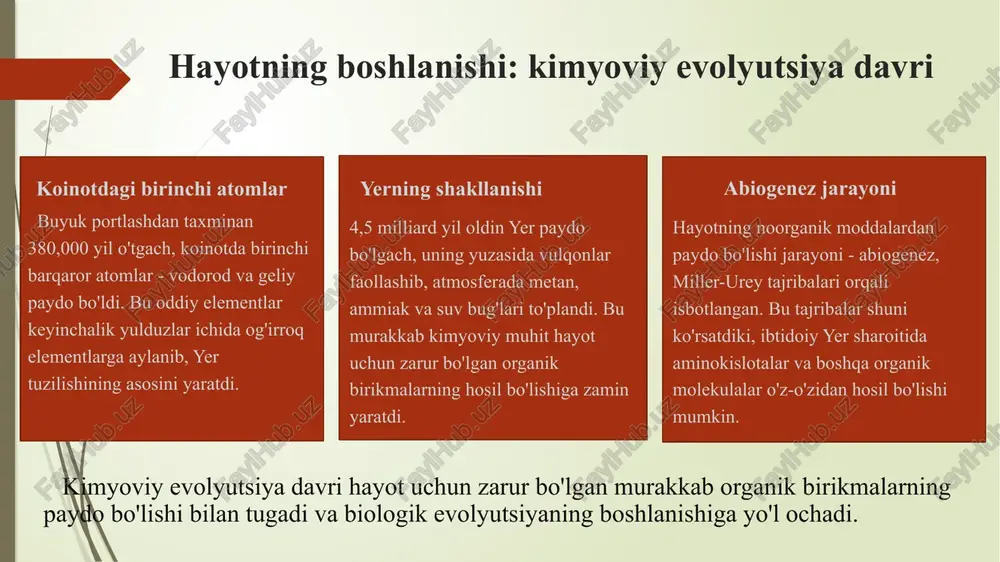 g tarkibiy qismi bo'lib, atrof-muhit bilan chambarchas bog'langan va o'zini yashashi uchun barcha zarur sharoitni shu tabiatdan oladi. dastlabki tirik moddalar zarrachalardan hosil bo'lgan, o'simlik va hayvonlar keyinchalik turli yashash sharoitiga tushib, unga moslashgan, natijada o'zgargan va tuzilishi murakkablashib va yangi belgilar shakllanib borgan. e`tiboringiz uchun rahmat image1.png image2.png image3.png image4.png image5.png image6.png image7.png image8.png image9.png image10.png /docprops/thumbnail.jpeg