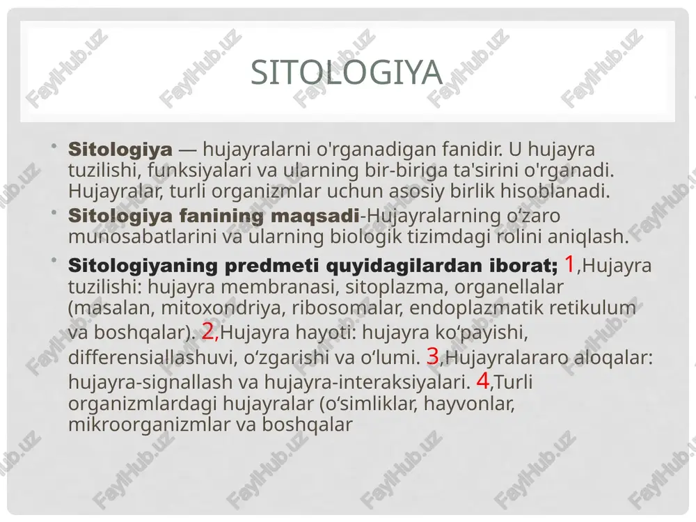 salan, hujayra tahlili yoki genetik tahlil qilishda. viruslar viruslar — juda kichik, oddiy tuzilmali mikroorganizmlar bo‘lib, ular hayotiy faoliyatini amalga oshirish uchun boshqaruvchi hujayra tizimiga kirishlari zarur. ular o‘z-o‘zidan ko‘payolmaydi va mavjud hujayralar ichida ko‘payish uchun ularning o‘z genetik materialini (dna yoki rna) hujayralarga kiritishi kerak. viruslarning asosiy xususiyatlari quyidagilardan iborat: tuzilishi qoplama: viruslar odatda protein qoplama (kapsid) va ba'zan lipid qoplama (envelop) bilan qoplangan bo'ladi. kapsid virusning genetik materialini himoya qiladi. genetik material: viruslar o‘z ichiga dnk (deoksiribonuklein kislota) yoki rnk (ribonuklein kislota) kiritadi. bu material virusning ko‘payishi va funktsiyalarini belgilaydi. viruslar ko‘payish jarayoni viruslar ko‘payish uchun quyidagi bosqichlardan o‘tadi: 1. ulashish: virus hujayraga ulanadi va uning membranasidan kiradi. 2. kirib borish: virusning genetik materialini hujayra ichiga kiritadi. 3. hujayra tomonidan ko‘payish: virusning genetik materialidan foydalanib, hujayra virusni ko‘paytiradi. 4. yangi viruslarni chiqarish: ko‘paygan viruslar hujayrani tark etadi va yangi hujayralarga infect qilish uchun tarqaladi. viruslarning turlari viruslar ko‘plab …