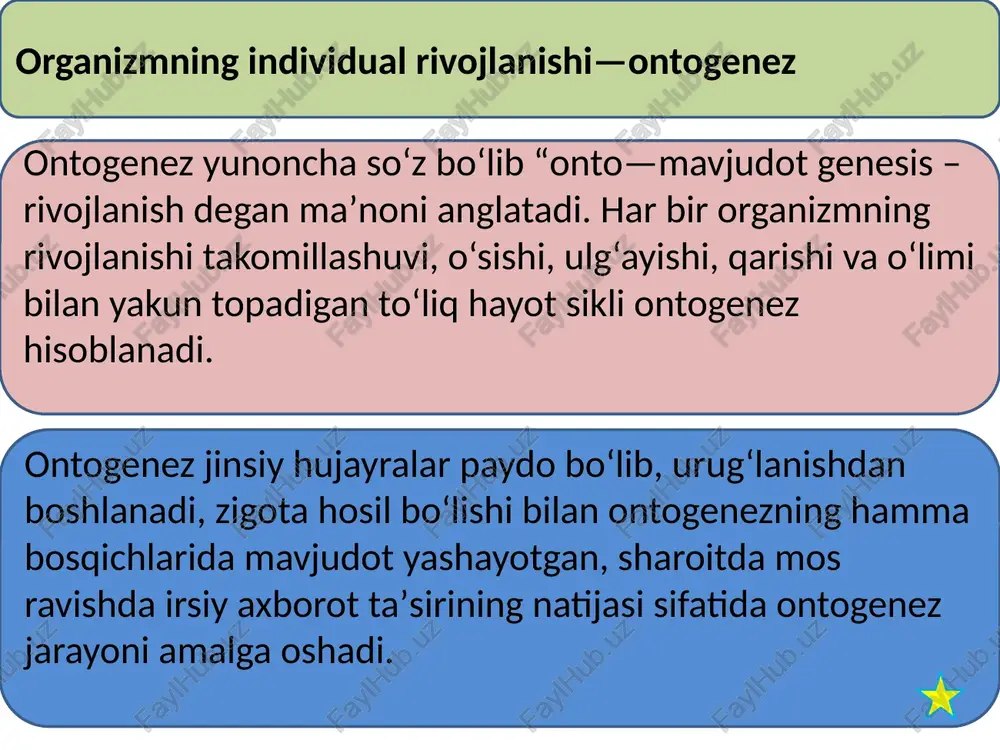 i bo‘lib, tuxumdonda kechadi. ovogenezning ko‘payish, o‘sish, yetilish bosqichlari mavjud. jinsiy hujayralar dastlab tuxumdonning yuza qatlamini egallab germinativ hujayralar deb ataladi. tuxumning daslabki hujayralari ovogoniylar deyilib ular xromasomalarning diploid to‘plamiga ega va mitoz yo‘li bilan ko‘payadi. ovogoniylar sut emizuvchilarning embriogenezida germinativ hujayralar follekulyar hujayralar bilan o‘raladi bu esa birlamchi yoki primordial follekulalar hosil bo‘lishiga olib keladi. tuxum hujayra xillari sariqlik miqdoriga qarab oligolesital mezolesital sariqlikni taqsimlanishiga qarab izolesital (gomolesital) telolesital polilesital oʻta telolesital sentrolesital ovogenezning spermatogenezdan farqi 1) ovgoniylarning ko‘payish davri tug‘ilishgacha tugaydi 2) ovogenezda o‘sish davri spermatogenezdagiga qaraganda uzunroq va sust o‘sish bosqichiga ega bo‘lib, bunda yadro va sitoplazmaning kattalashuvi kuzatiladi hamda sariqlik kiritmalarini to‘playdigan tez o‘sish davri mavjud 3) ovogenezda bitta birlamchi ovotsiddan bitta yetuk jinsiy hujayra hosil bo‘ladi, spermatogenezda esa bitta birlamchi spermatsiddan 4 ta jinsiy hujayra hosil bo‘ladi 4) shakillanish bosqichi faqat spermatogenez uchun xarakterlidir. tuxum hujayraning shakillanishi urug‘lanish davriga to‘g‘ri keladi odamning zamonaviy reproduktiv strategiyasi …