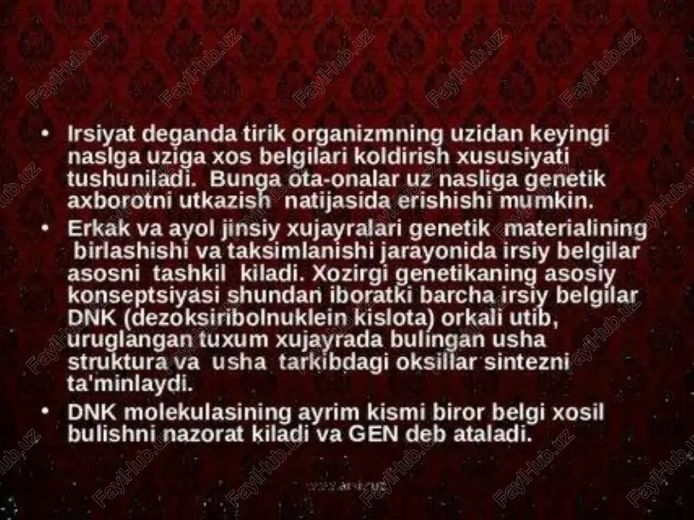 bosomalar, ulardan esa globin i-rnk si (gemoglobinning oqsil qismi) ajratib olindi. shundan keyin dnk polimerazaning rnk – tobe virus fermenti yordamida birinchi bo'lib ana shu i-rnk ning dnk nusxasini sintez qildilar. irsiy kasalliklarni davolashda har xil biologik faol moddalar kerak bo'ladi. agar bu moddalar odamning o'zidan olinsa odamlarga har xil viruslarning yuqish xavfi tug'iladi. masalan, gemofiliya kasalligini davolash uchun odam qonidan ishlab chiqilgan dorilar tarkibidan spid kasalligining virusi topilgan. biologik faol moddalarni hayvon hujayrasidan olinib keyin odamga yuborilsa retsipientning immunologik sistemasi bu moddalarni qabul qilmasligi mumkin. shuning uchun bu biologik faol moddalar faqat odamniki bo'lishi kerak. buni genetik injeneriya usullari yordamidagina hal qilish mumkin. hozirgi kunda gen injeneriyasi usullaridan foydalanilgan holda tibbiyotda ishlatiladigan o'nga yaqin oqsillar sintez qilinmoqda (insulin, o'stiruvchi gormon, interferon, interleykin, profirinolizinni faolashtiruvchi oqsil, b-gepatitga qarshi vaktsina, yashur kasalligiga qarshi vaktsina, α-antitripsin, gemofiliya kasalligini davolashda ishlatiladigan ix va viii qon omillari). gen injeneriyasidan yana tibbiyotda irsiy kasalliklarni aniqlashda …