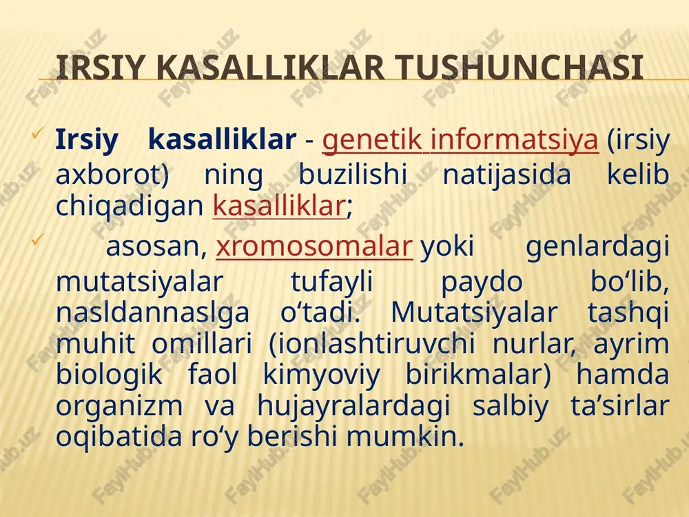 onlari, oʻsishdan orqada qolish, nerv, endok-rin va b. sistemalarning buzilishi kuzatiladi, bemorlarning generativ faolligi pasayadi. gen kasalliklari nuqtali mutatsiyalar natijasida yuzaga keladigan moddalar almashinuviga aloqador. hozir ularning 30 dan ortiq xili aniqlangan. mas, yogʻ almashinuvining buzilishi markaziy nerv sistemasi faoliyatining oʻzgarishi bilan kechadi. bulardan eng ogʻiri tey-saks amavrotik idiotiyasidir, bunda koʻrish krbiliyatining susayishi, esi pastlik va b. nevrologik simptomlar kuzatiladi. tibbiy genetik maslahat tibbiyot-genetika konsultatsiyasi — tibbiy yordamning bir turi. tibbiyot genetikasi va odam genetikasi yutuqlariga asoslangan holda zamonaviy sokliqni saklash ishida profilaktik yoʻnalishda rivojlanmoqda. tibbiyot-genetika konsultatsiyasi irsiy kasalliklari bor bemorlarni hisobga oladi, ularning oila aʼzolari va oʻzlari ustidan dispanser kuzatuvi olib boradi, shuningdek, aholiga genetik maslahatlar beradi, yaʼni bemorning otaonasi, qarindoshlariga yoki uning oʻziga oilada mazkur kasallik qaytalanishi mumkinligini tushuntiradi. tibbiy genetik maslahat tibbiyot-genetika konsultatsiyasi irsiy kasalligi bir yoki ikkita allel gen mutatsiyasidan kelib chiqqan bemorlarga; irsiy kasalligi xromosomalar soni va tuzilishining oʻzgarishi bilan bogʻlangan bemorlarga (daun kasalligi va …