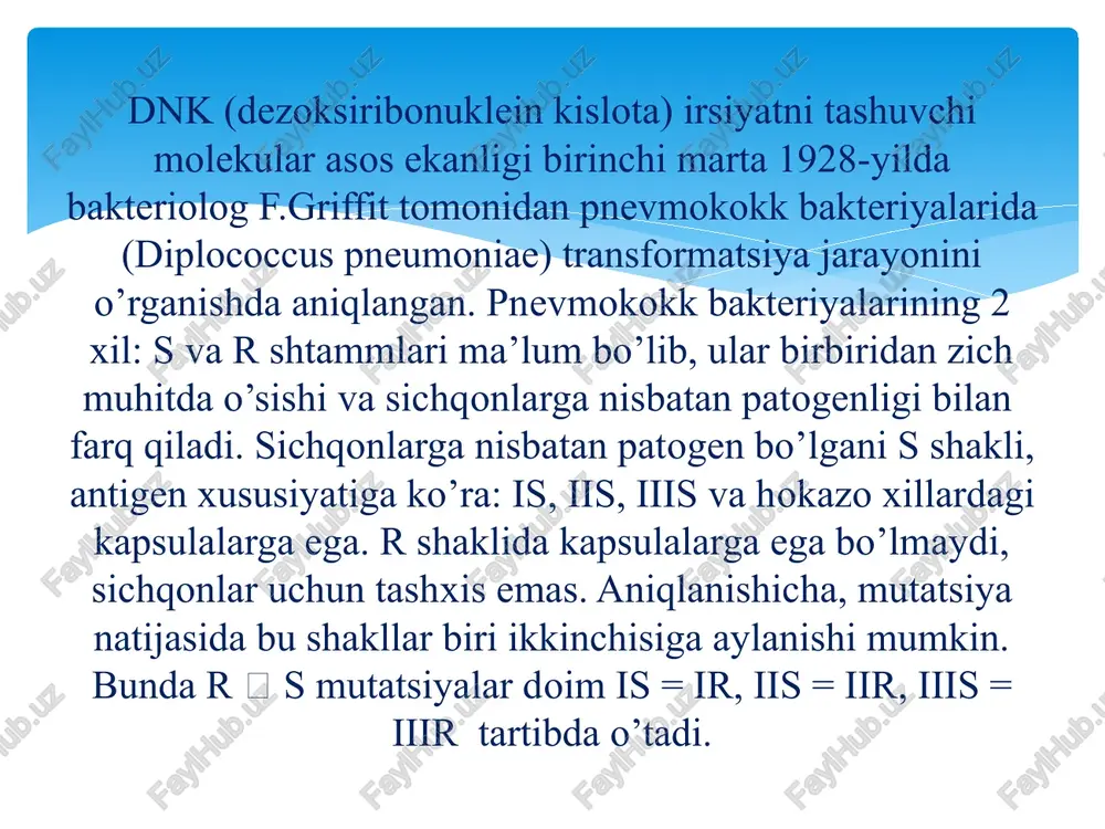 hujayralarga tashiydi, jinsiy ko’payishda esa bir organizmdan, ikkinchisiga o’tkazadi. dnk molekulasining polimer tarkibini tuzish va matbuotda 1953-yilda e’lon qilishga amerika virusologi dj.uotson va angliya fizigi f.kriklar musharraf bo’lishgan va bu ishlari uchun nobel mukofoti laureatlari bo’ldilar. 1-rasm. dnkning tuzilishi. a – dnk molekulasining qo‟sh spirali; b – o‟ng spiral - v shakli (asoslarning joylanishi o‟ng tomonda); v – chap spiral – z forma (juft nukleotidlar chap tomonda bo‟lingan holda joylashgan) 1949–1951-yillarda e.chargaff dnkning har bir molekulasida purin va pirimidin asoslarining miqdori bir-biriga teng, ya’ni timin (t)ning miqdori adenin (a)ga, sitozin (s)ning miqdori guanin (g)ga ekanligi aniqlangan (chargaff qoidasi). dnk molekulasining polimer molekulasida purin asoslaridan adenin (a) va guanin (g), pirimidin asoslaridan timin (t) va sitozin (s)ning har biri bir molekula shakar – dezoksiriboza va fosfat kislota qoldig’i bilan bog’langan bo’lib, dezoksiribonukleotid holatida dnkning tarkibiga kiradi va polidezoksiribonukleotid yoki polinukleotid zanjirini hosil qiladi. dnk molekulasining monomerlari nukleotidlar hisoblanadi. dj.uotson va f.kriklar …