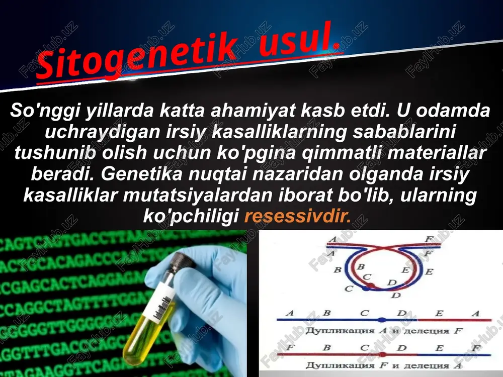 talar) — uch xil yo‘nalishdagi chiziqlarning to‘plashgan joyi. ayniqsa, atd triradiuslari burchagi (ikkinchi barmoq asosida a triradiuslari, beshinchi barmoq asosida d triradiusi va bilakuzuk burmasi o'rtasida t triradiuslari orasidagi burchak) ko‘rsatkichi har xil xromosoma kasalliklarida katta ahamiyatga ega. sog‘lom odamlarda atd triradiuslari orasidagi uchburchak 57°dan oshmaydi, daun sindromida 80°, klaynfelter sindromida 42°, shereshevskiy-terner sindromida esa 65°ga teng. plantoskopiya — tovondagi chiziqlar yo‘nalishlarini aniqlashga asoslangan. daktiloskopiya — eng ko‘p qo'llaniladigan dermatoglifika usuli bo’lib, q o‘ l barm oqlari chiziqlarini o‘rganishga asoslangan. barmoqlarda papillar chiziqlar yo‘nalishi asosan uch xil tipda: yoysimon (a), sirtmoqsimon (l), o‘ramasimon (w) bo'ladi papillar chiziqlar poligen belgi bo‘lib embriogenezning 10-20 haftalari oralig‘ida shakllana boshlaydi va 6 oyda batamom shakllanadi, keyin umr bo‘yi ularning shakli o‘ zgarmaydi. papillar chiziqlar orasida sirtmoqsimonlari ko‘proq uchraydi (60%) yoysimonlari esa eng kam uchraydi (6% ). papillar chiziq shakllari uchrashi foizlari har xil irqlarda farqlanadi.papillar chiziqlar miqdoriy ko'rsatkichi umumiy qirralar soni (uqs.) bilan ifodalanadi. …