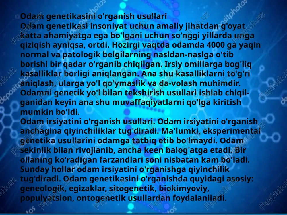 lliklar borligi aniqlangan. ana shu kasalliklarni to'g'ri aniqlash, ularga yo'l qo'ymaslik va da-volash muhimdir. odamni genetik yo'l bilan tekshirish usullari ishlab chiqil-ganidan keyin ana shu muvaffaqiyatlarni qo'lga kiritish mumkin bo'ldi. ma'lumki, odamning genotipiga bog'liq bo'lgan u yoki bu ruhiy xusu-siyatlari, jumladan, iste'dodning yuzaga chiqishi ijtimoiy muhitga bog'liq. so'nggi yillarda har qanday odamning xromosoma sonini unga hech ziyon etkazmay, oson va tez o'rganishga imkon beradigan yangi usullar ishlab chi-qildi. bu shundan iboratki, qon leykositlari 37° s da alohida oziq muhitiga tushirib qo'yiladi, bu muhitda ular bo'linadi. ulardan xromosomalar soni va tuzilishi ko'rinib turadigan preparatlar tayyorlanadi. keyinchalik odam xro-mosomalarini alohida bo'yoqlar bilan bo'yash usullari ishlab chiqildi, bular xromosomalar sonini sanab, hisoblab ko'rishdan tashqari ayrim xromo-somalardagi ancha nozik o'zgarishlarni ham o'rganishga imkon berdi. biokimyoviy usul. odamda uchraydigan juda ko'p patologik holatlar modda-lar almashinuvining odatdagicha borishida har xil o'zgarishlar yuzaga kelishiga bog'liq bo'ladi, buni tegishli biokimyoviy usullar bilan aniqlash mumkin. bu usul yordamida qandli …